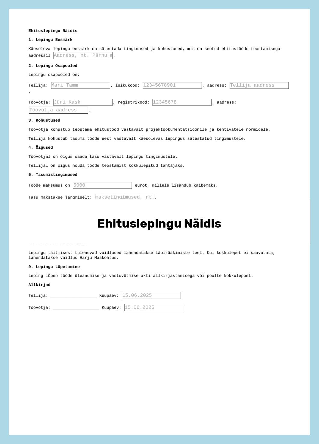Ehituslepingu Näidis