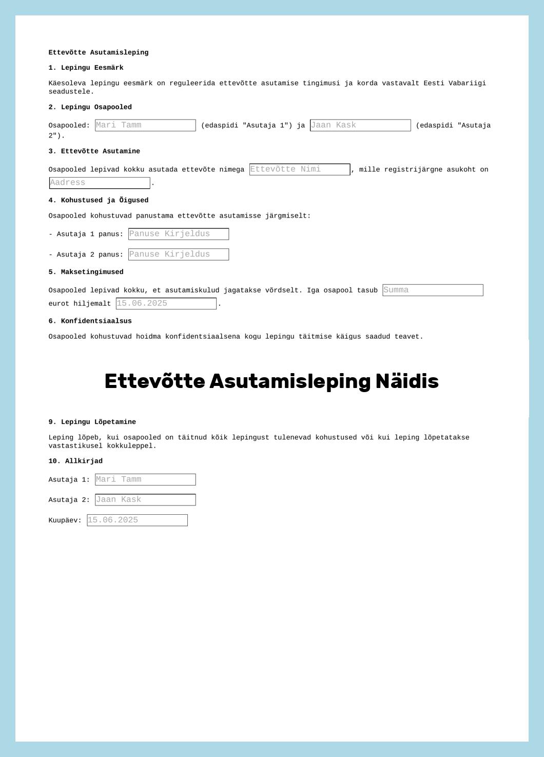 Ettevõtte Asutamisleping Näidis