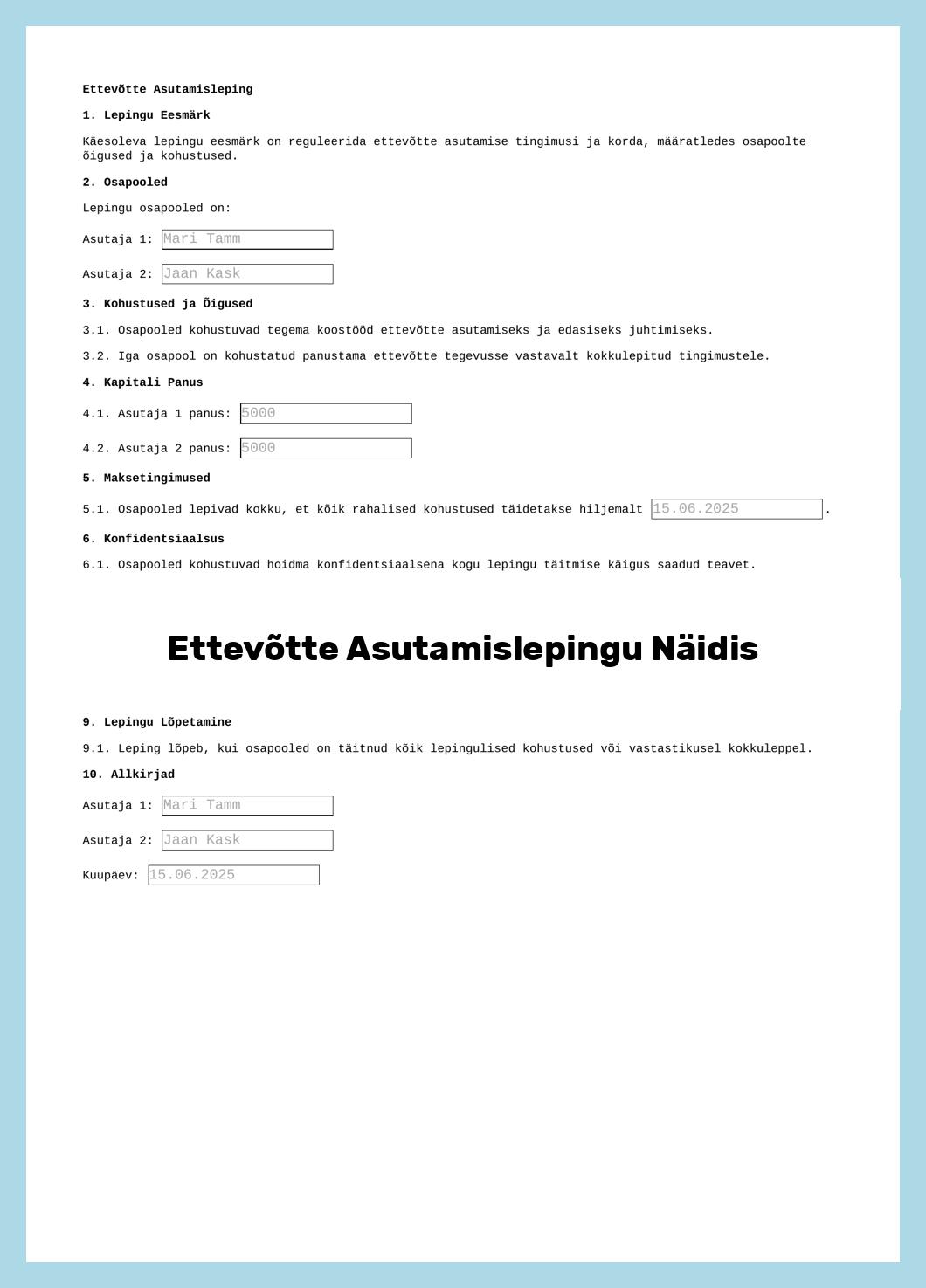 Ettevõtte Asutamislepingu Näidis