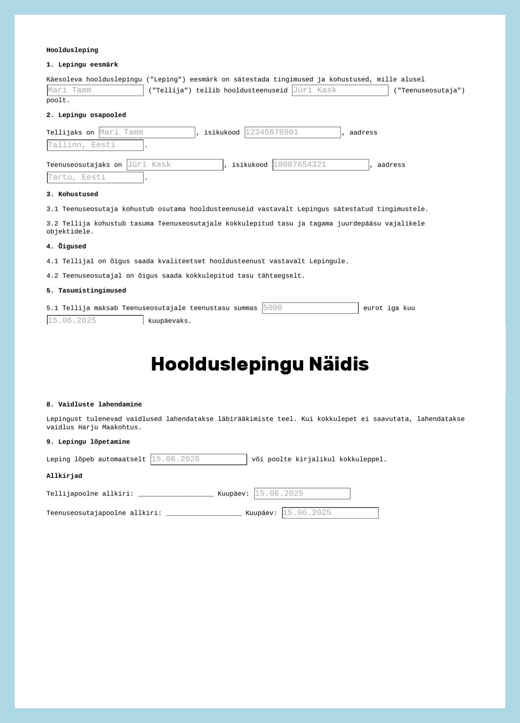 Hoolduslepingu Näidis