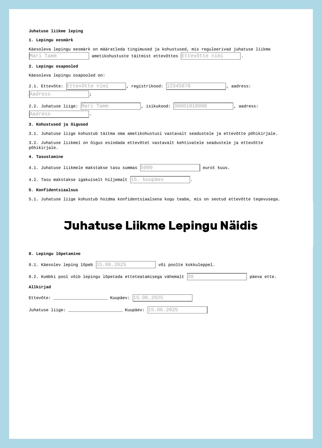 Juhatuse Liikme Lepingu Näidis