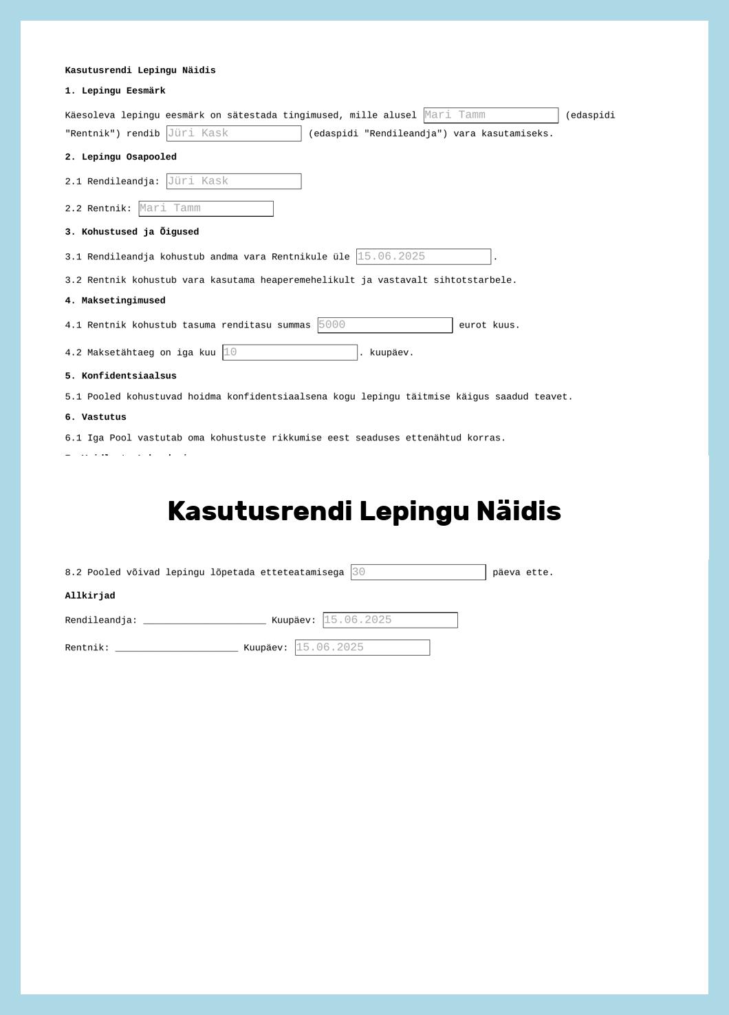 Kasutusrendi Lepingu Näidis