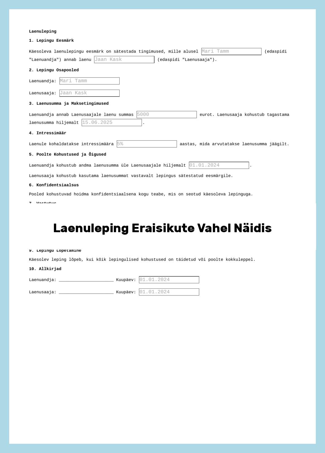 Laenuleping Eraisikute Vahel Näidis