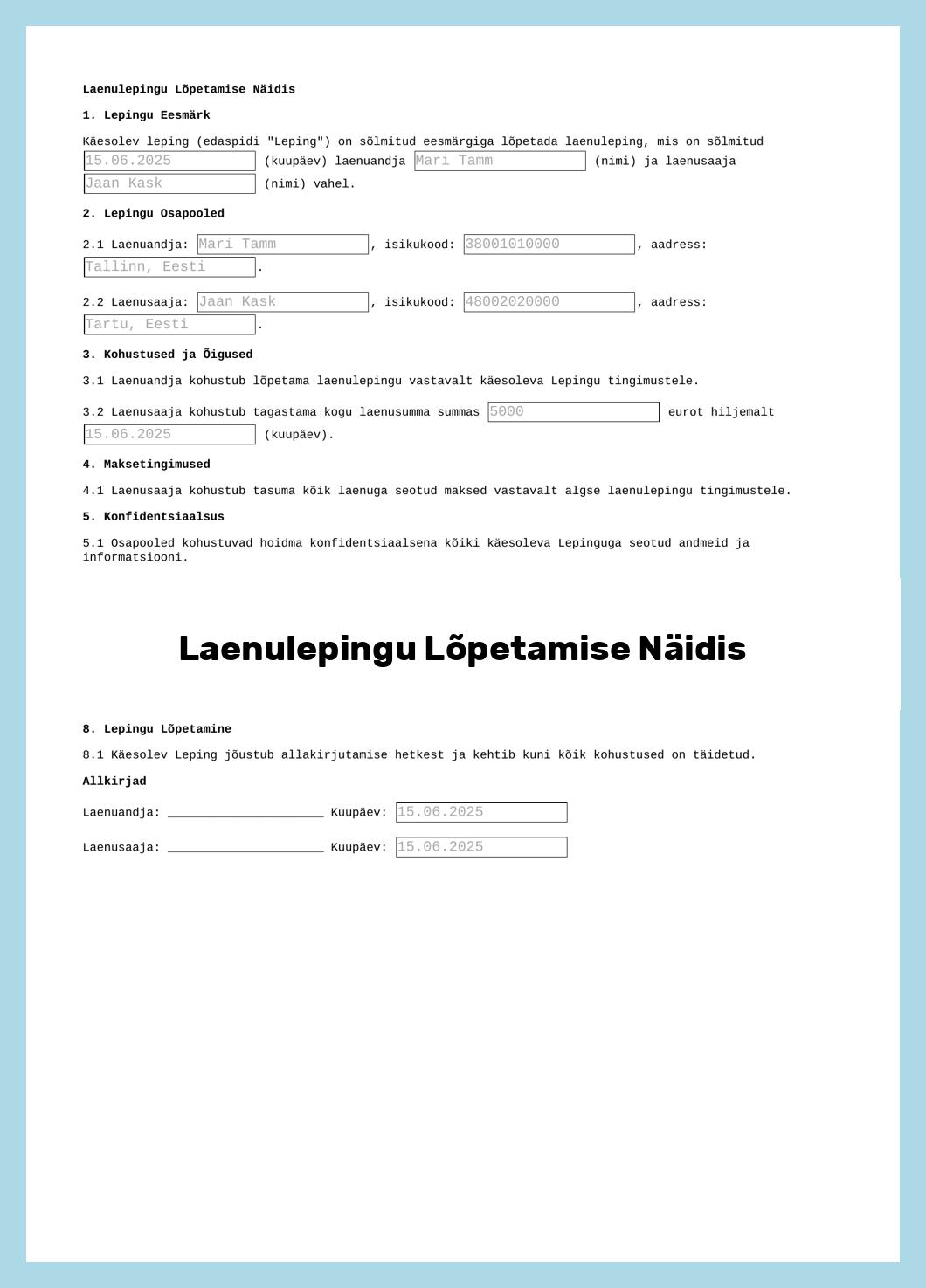 Laenulepingu Lõpetamise Näidis
