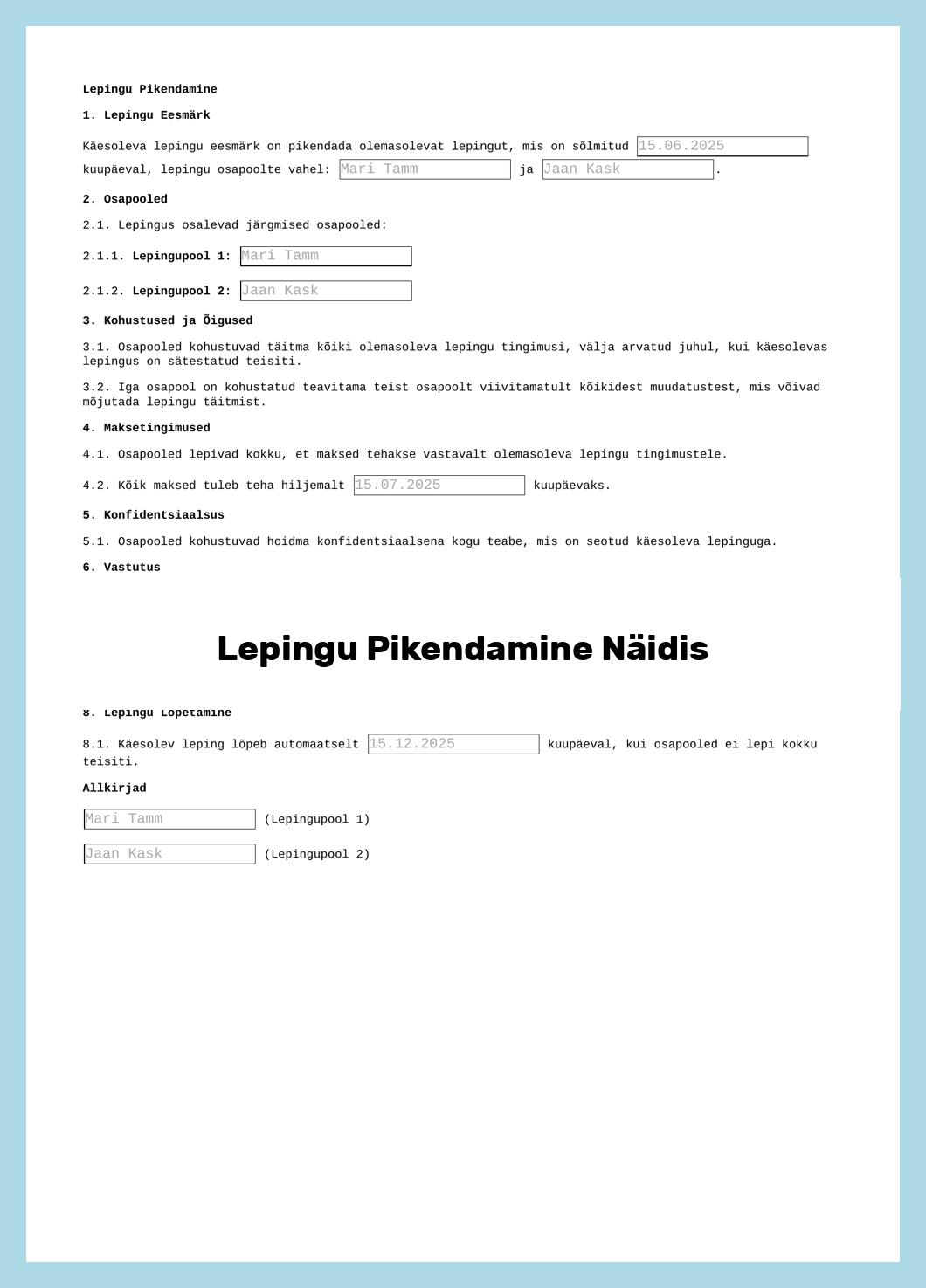 Lepingu Pikendamine Näidis