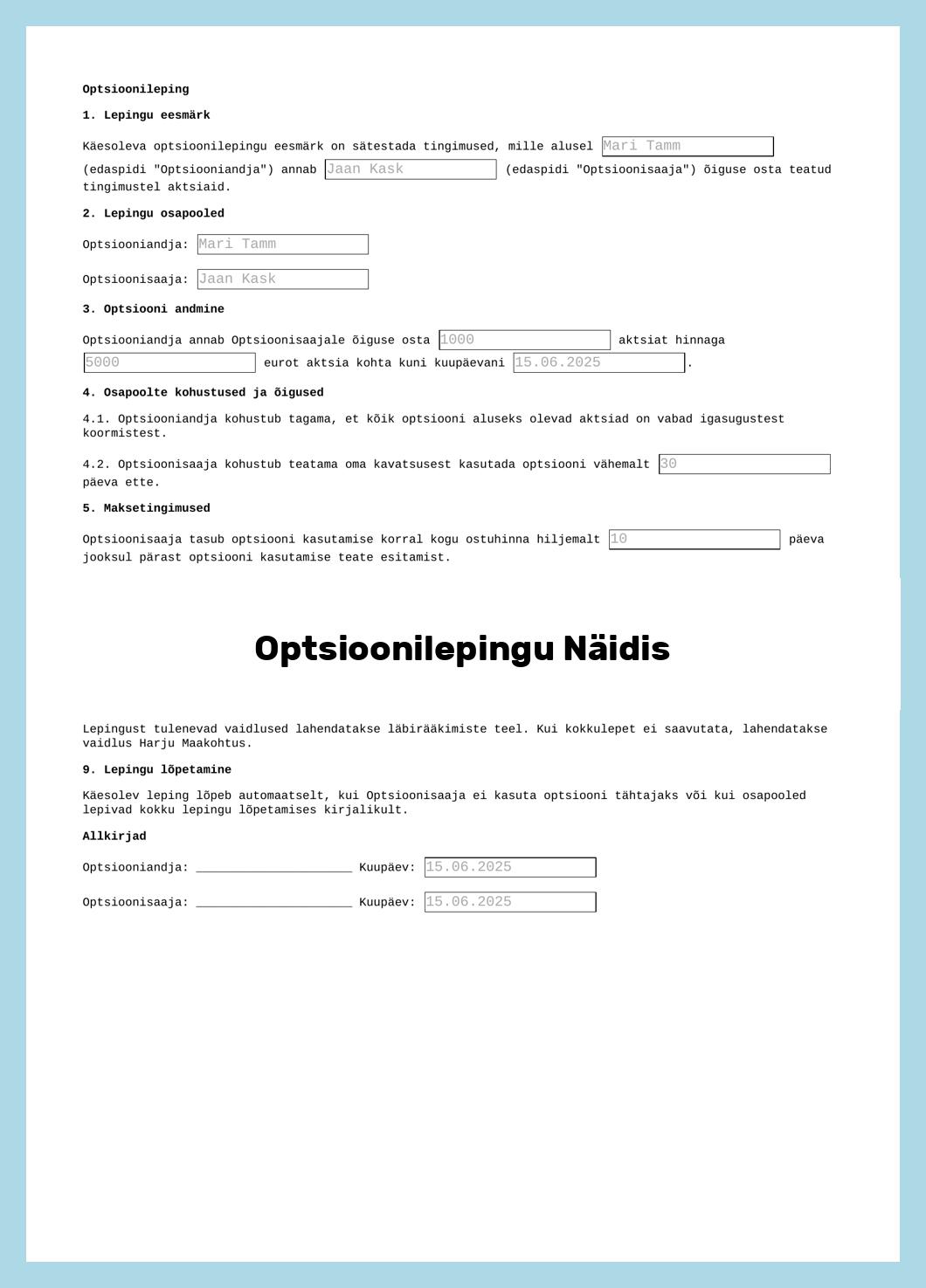 Optsioonilepingu Näidis