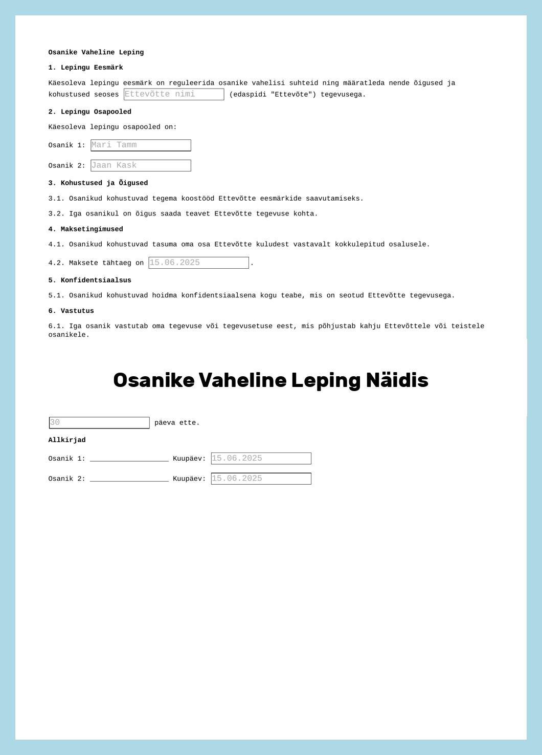 Osanike Vaheline Leping Näidis