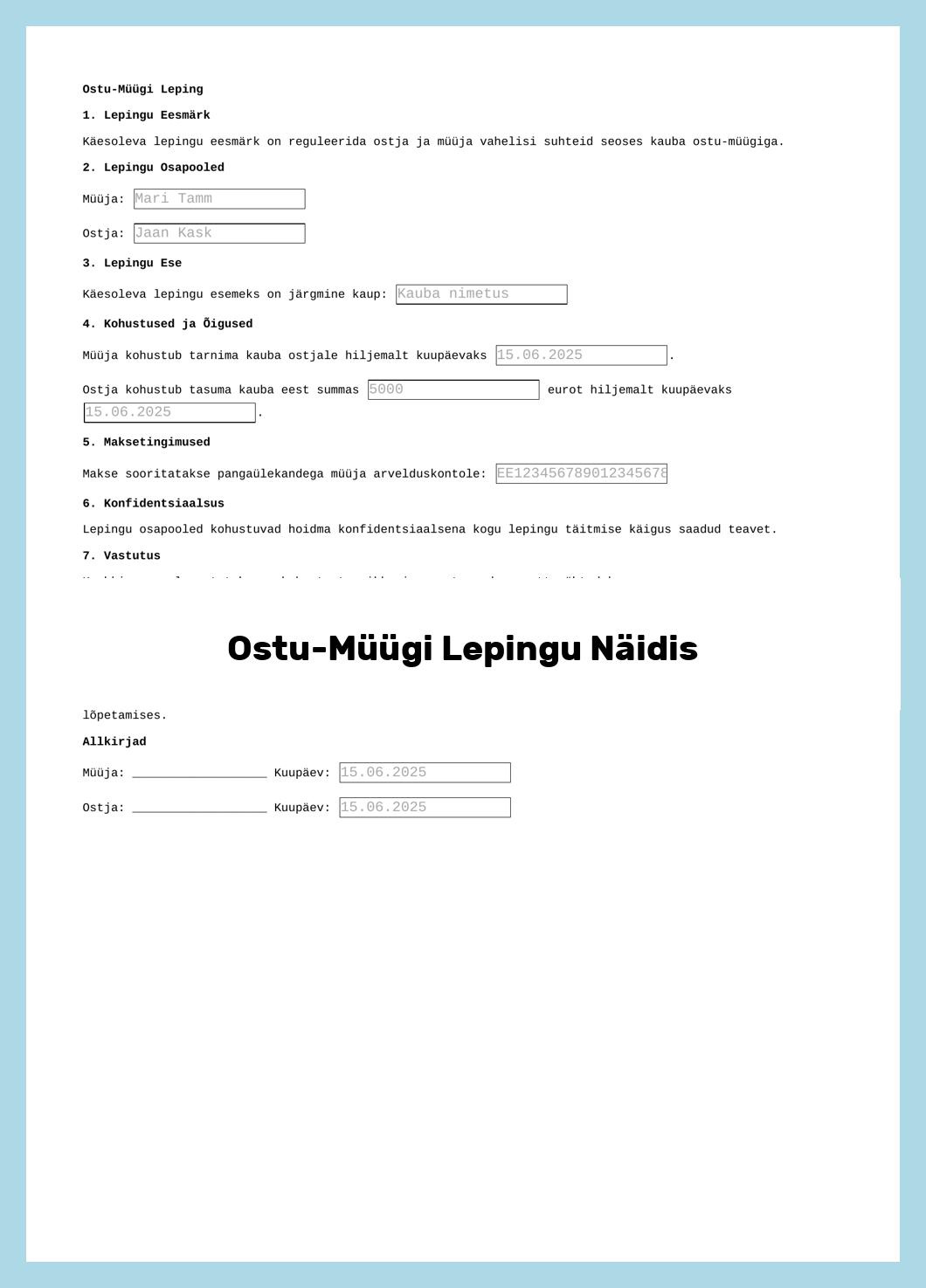 Ostu-Müügi Lepingu Näidis