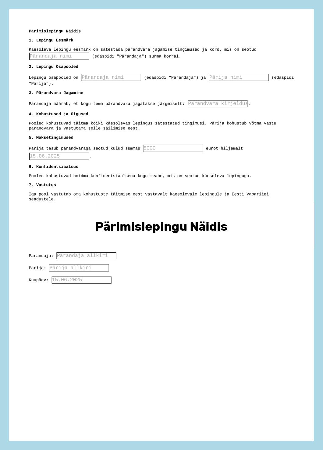 Pärimislepingu Näidis