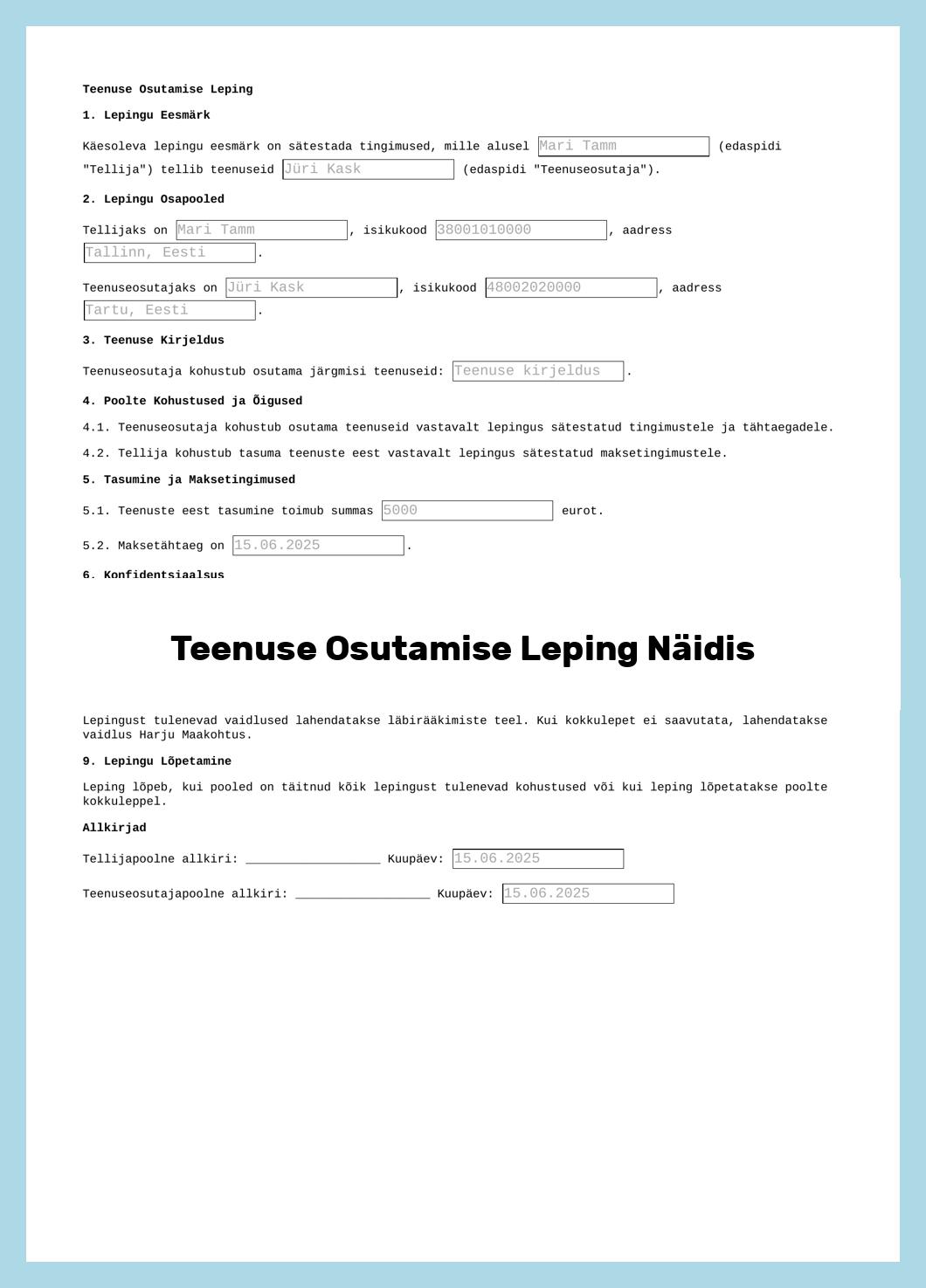 Teenuse Osutamise Leping Näidis
