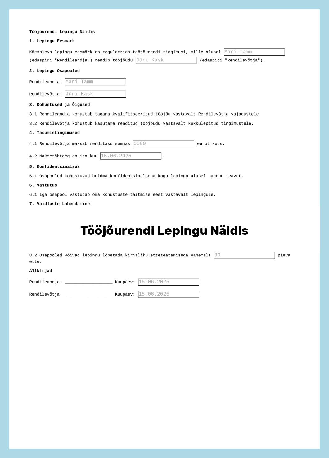 Tööjõurendi Lepingu Näidis