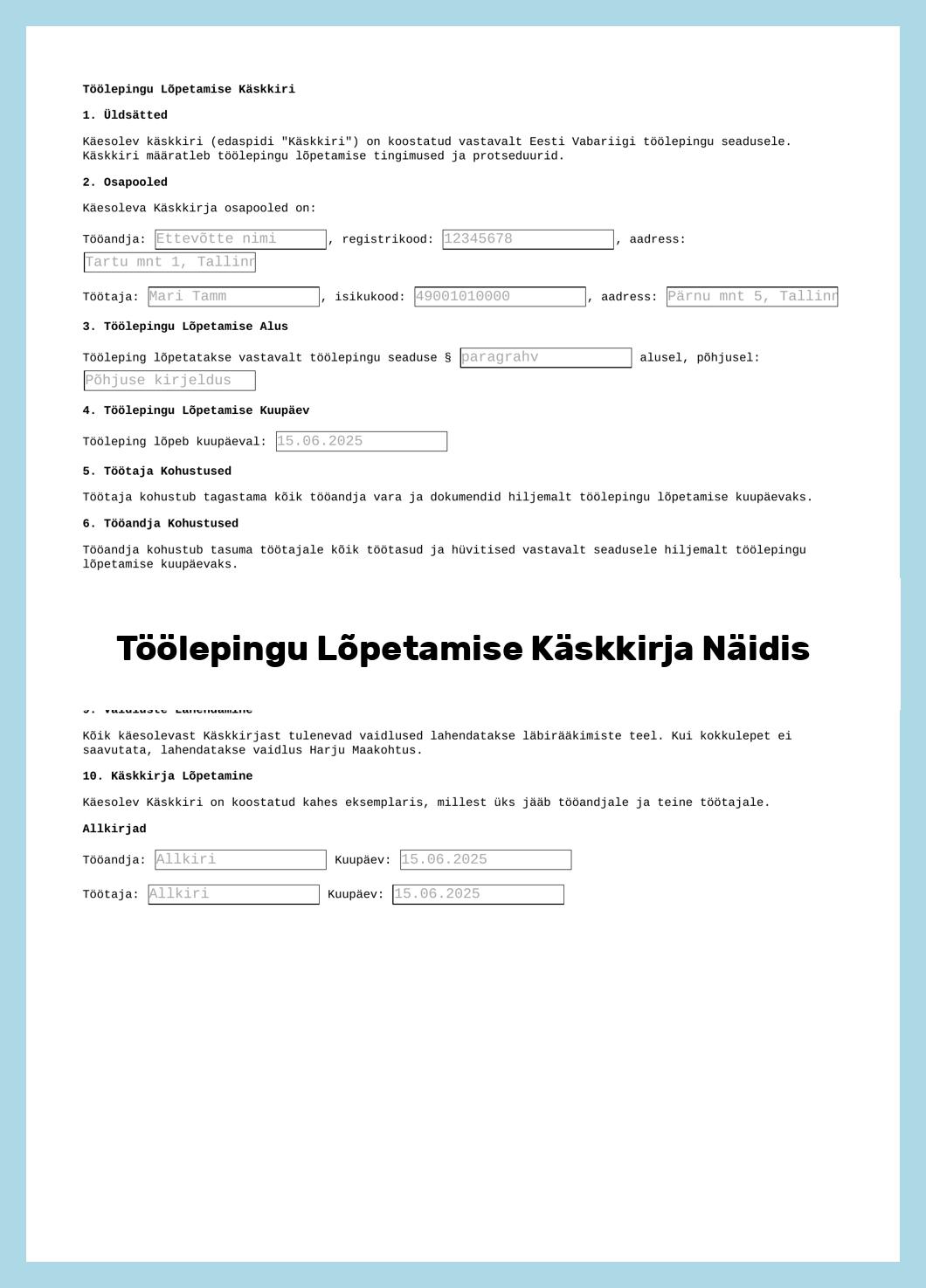 Töölepingu Lõpetamise Käskkirja Näidis