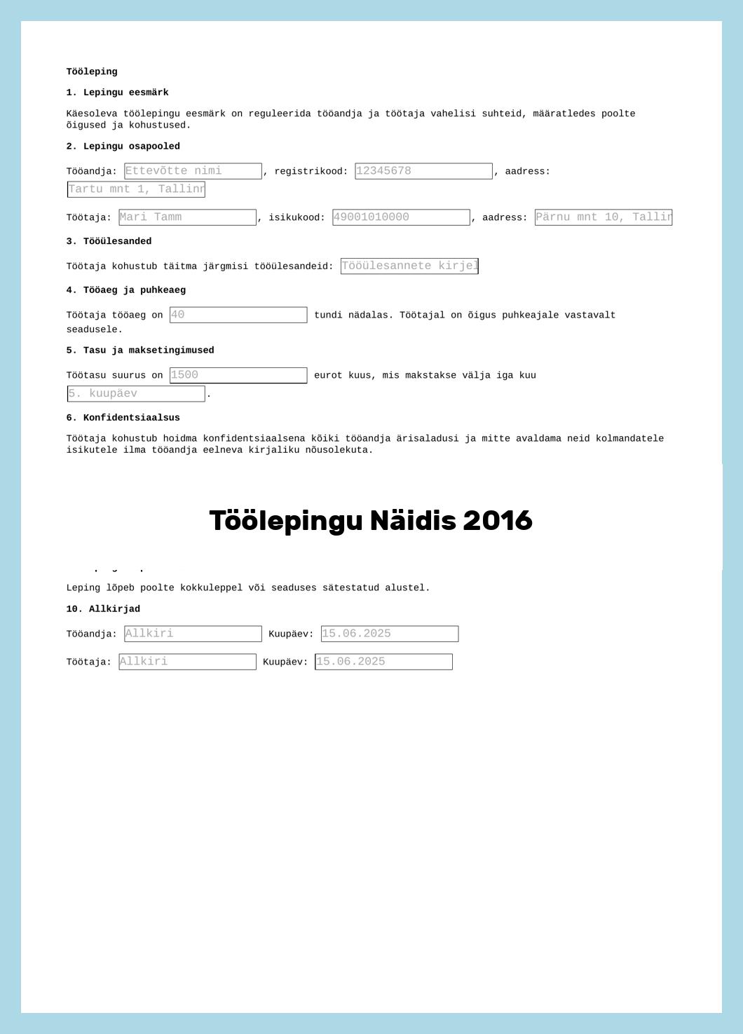 Töölepingu Näidis 2016