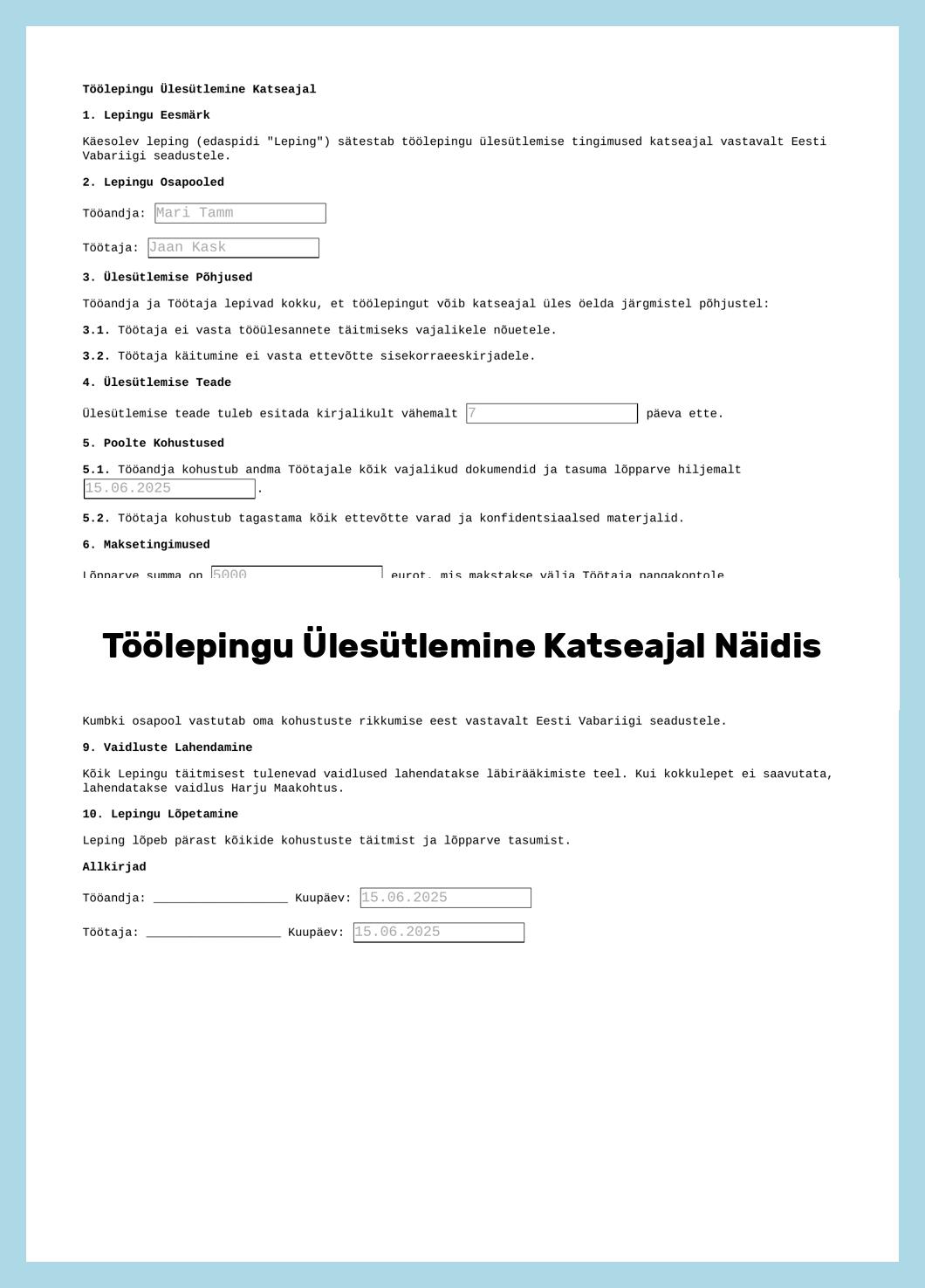 Töölepingu Ülesütlemine Katseajal Näidis