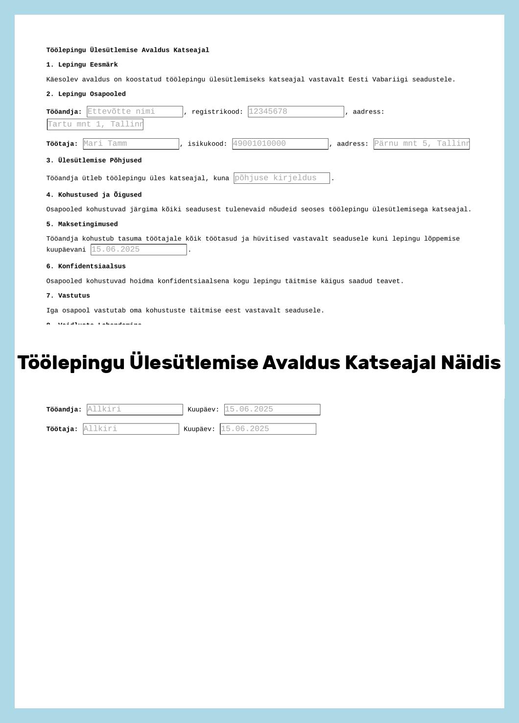 Töölepingu Ülesütlemise Avaldus Katseajal Näidis