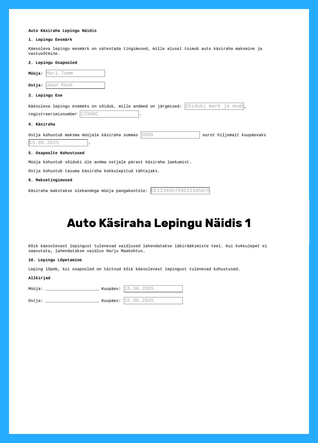 Auto Käsiraha Lepingu Näidis