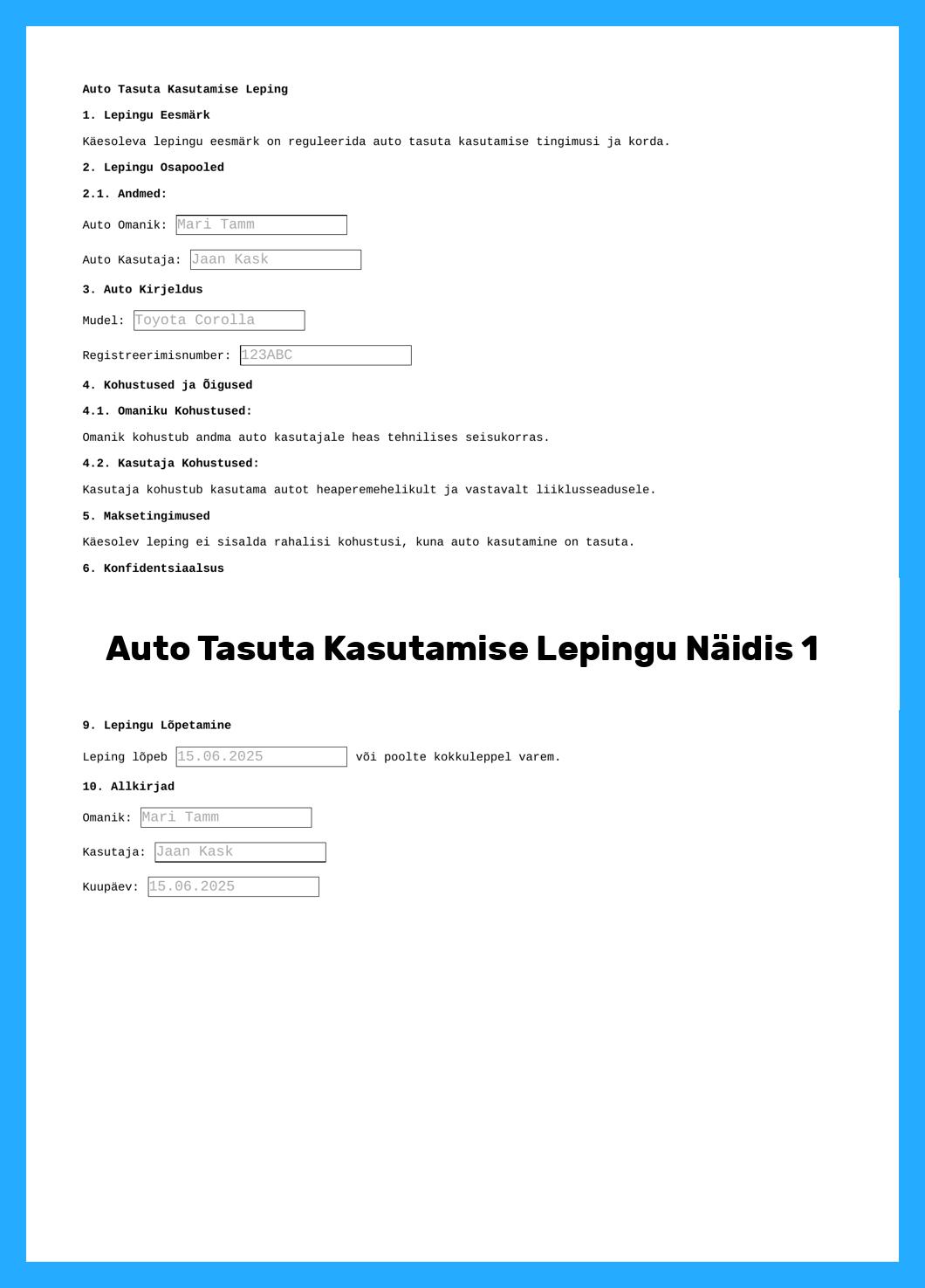 Auto Tasuta Kasutamise Lepingu Näidis