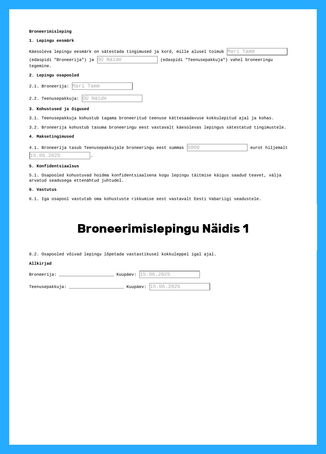 Broneerimislepingu Näidis