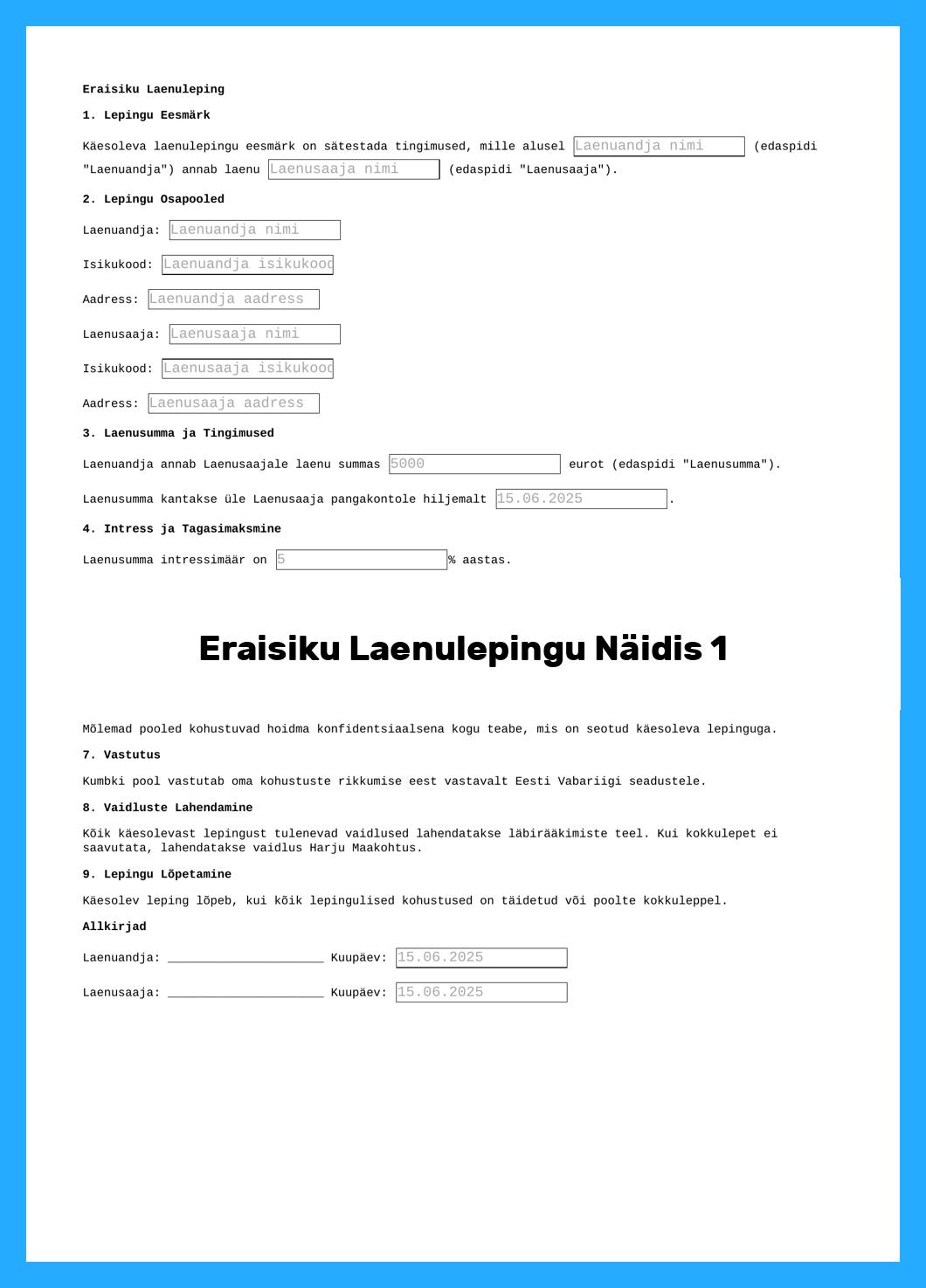 Eraisiku Laenulepingu Näidis