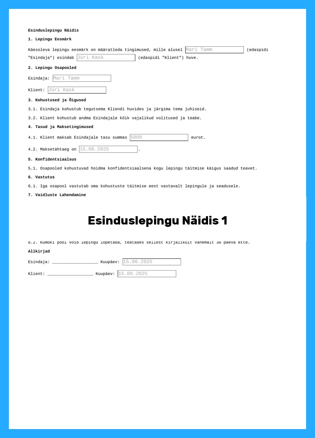 Esinduslepingu Näidis