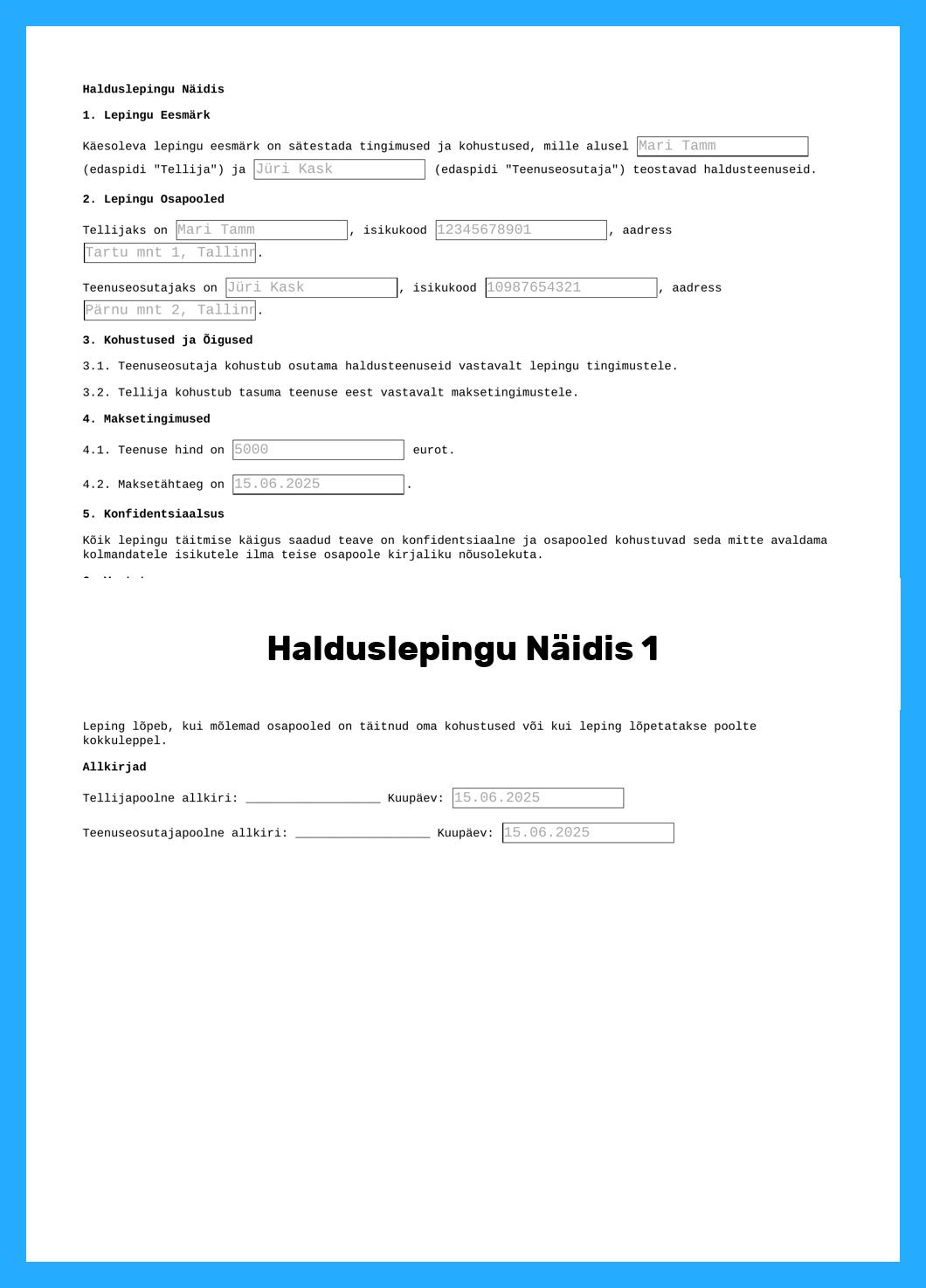 Halduslepingu Näidis