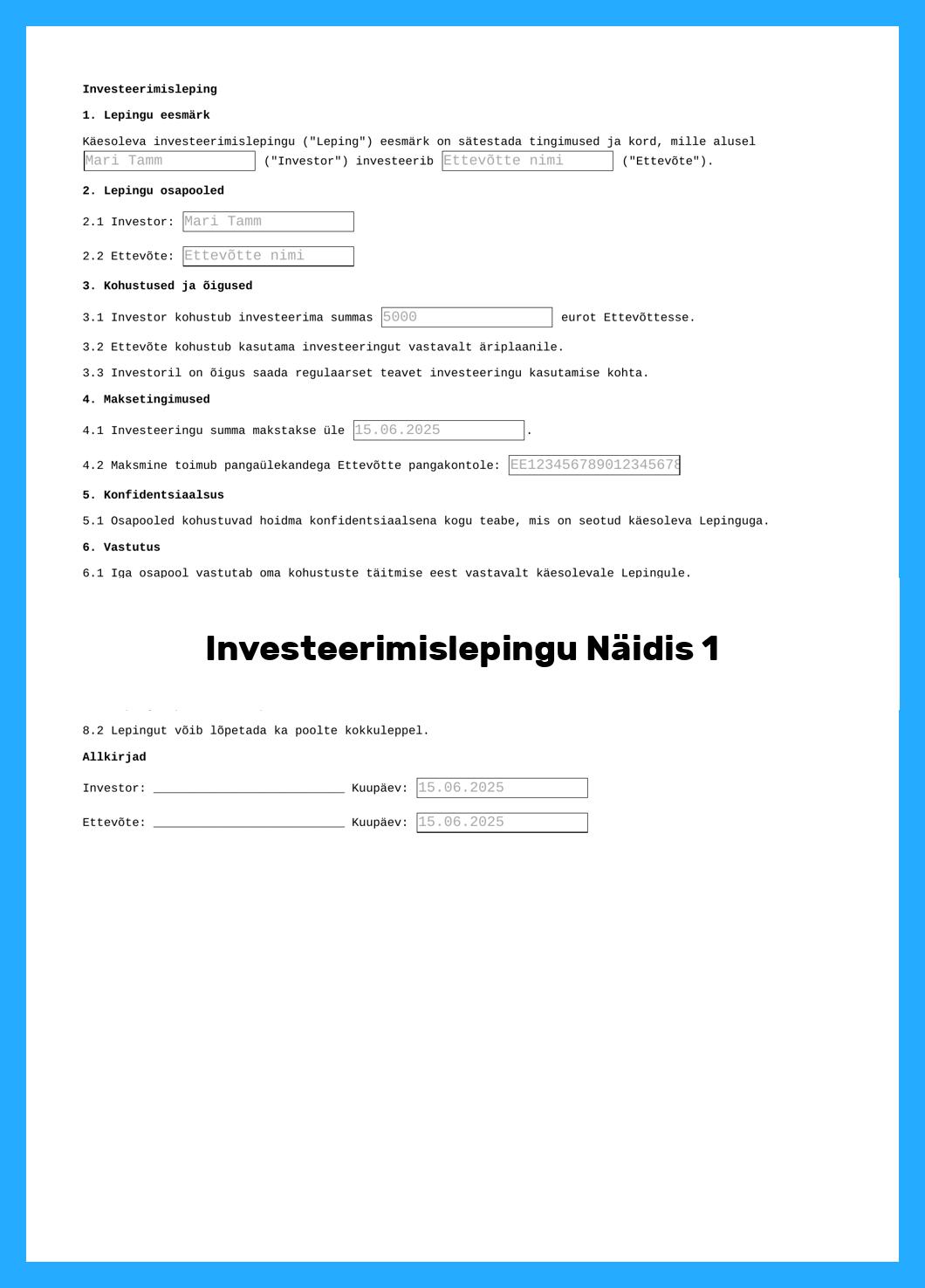Investeerimislepingu Näidis