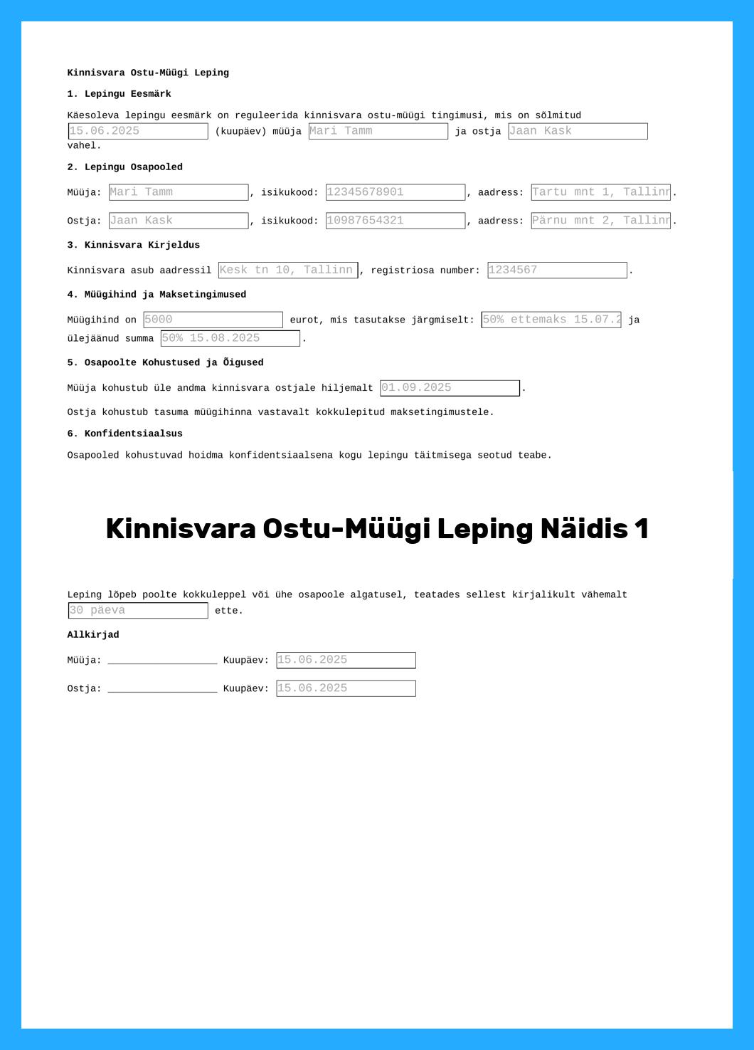 Kinnisvara Ostu-Müügi Leping Näidis
