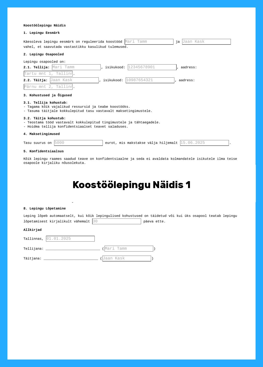Koostöölepingu Näidis