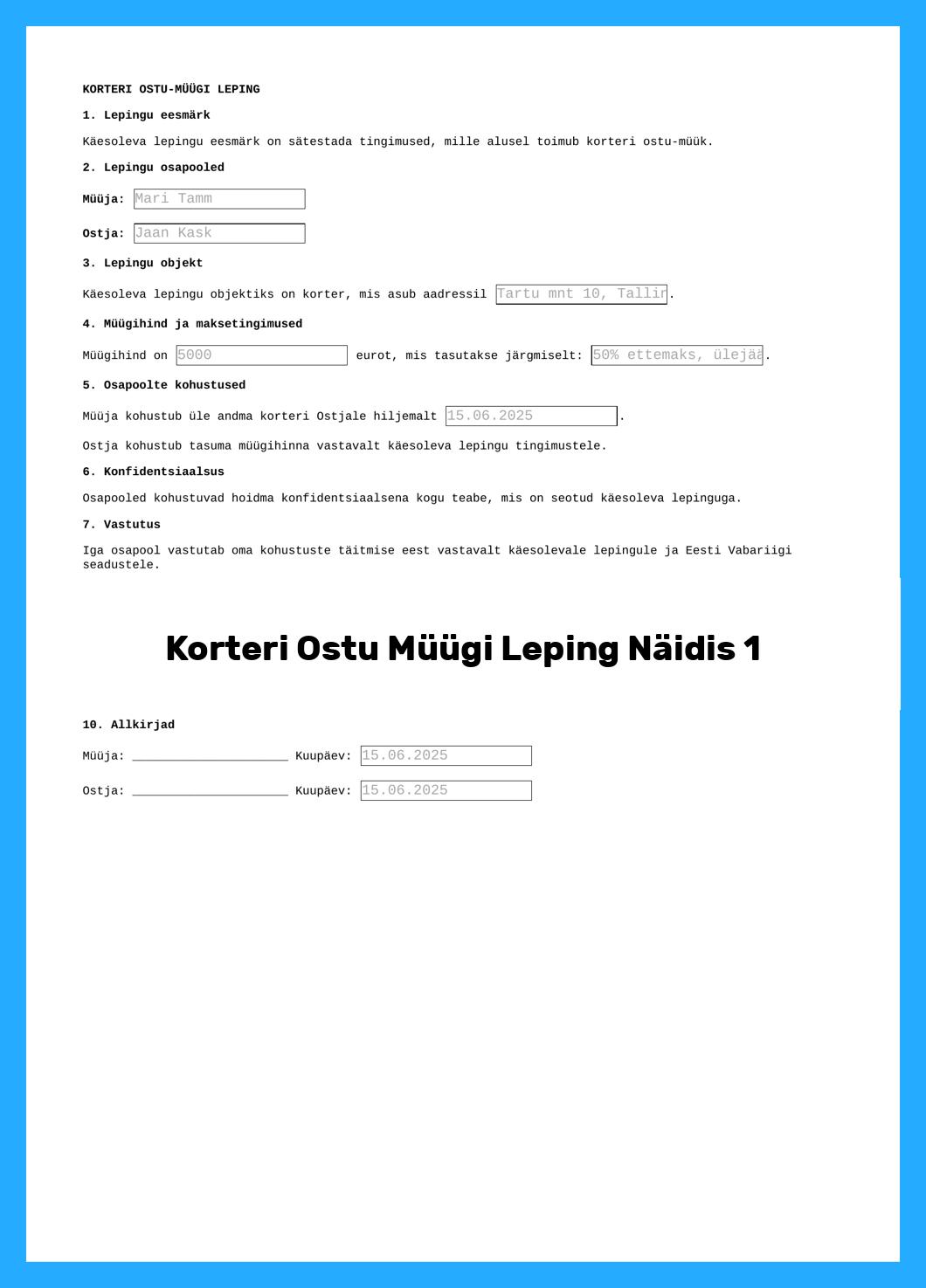 Korteri Ostu Müügi Leping Näidis
