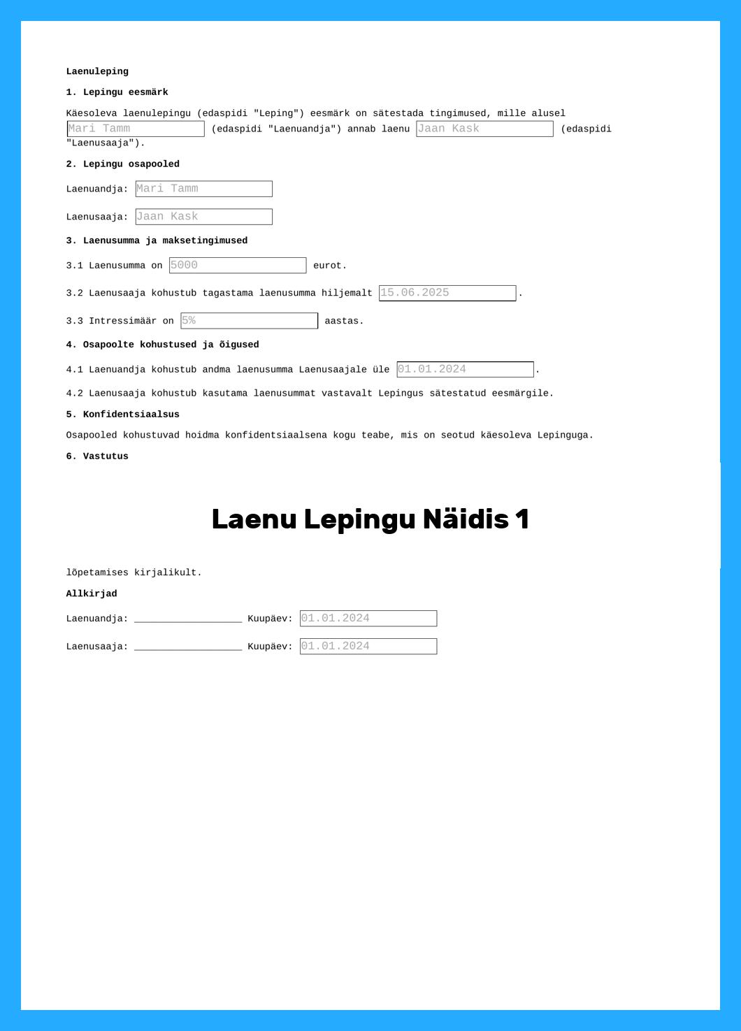 Laenu Lepingu Näidis