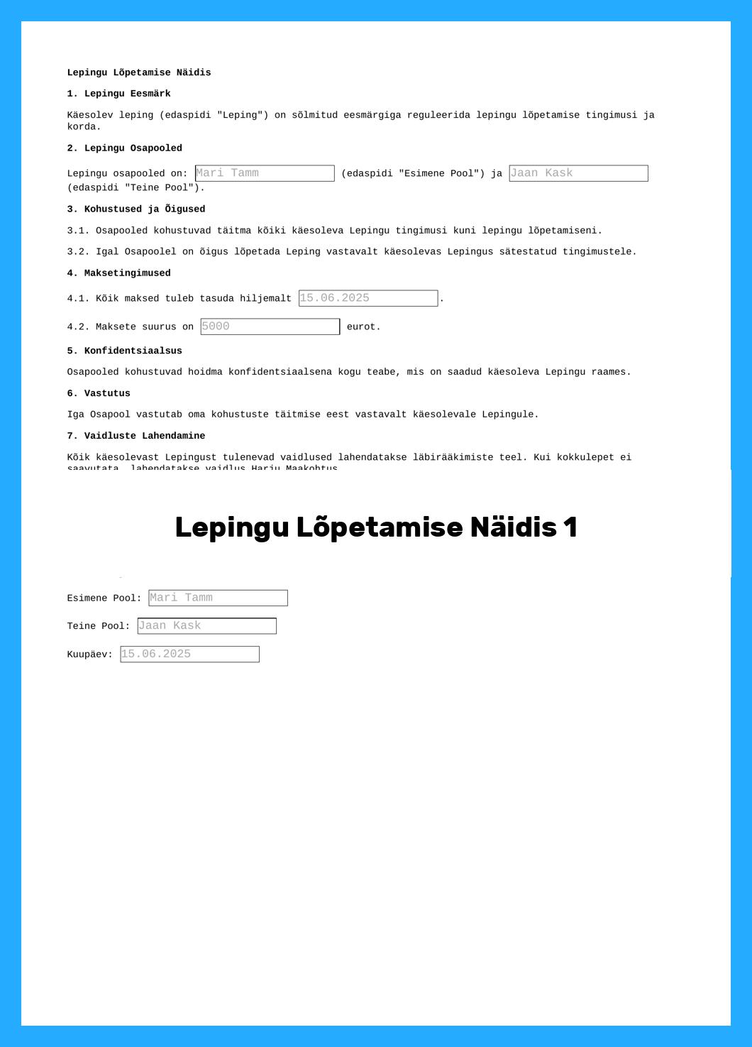 Lepingu Lõpetamise Näidis