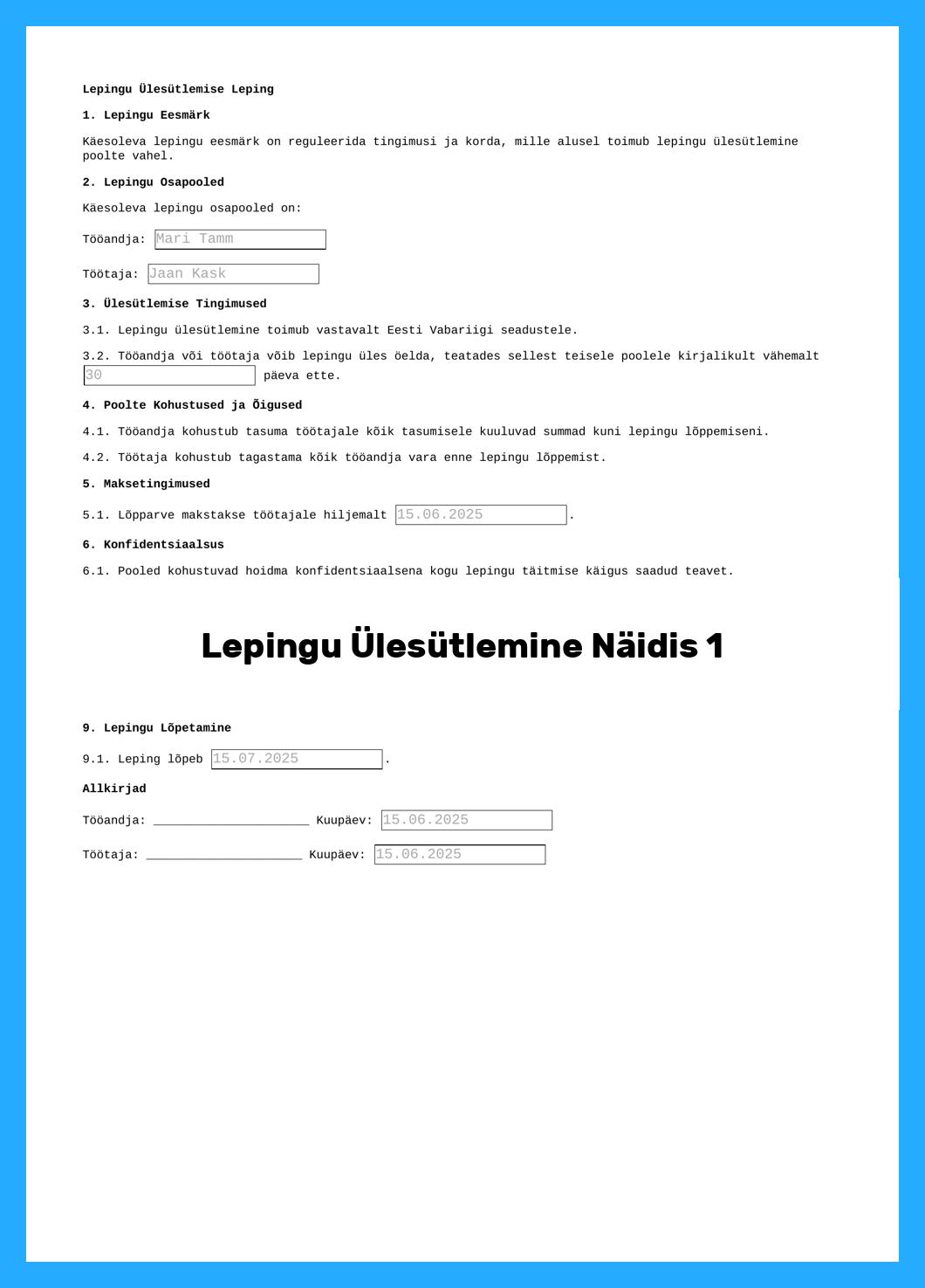 Lepingu Ülesütlemine Näidis