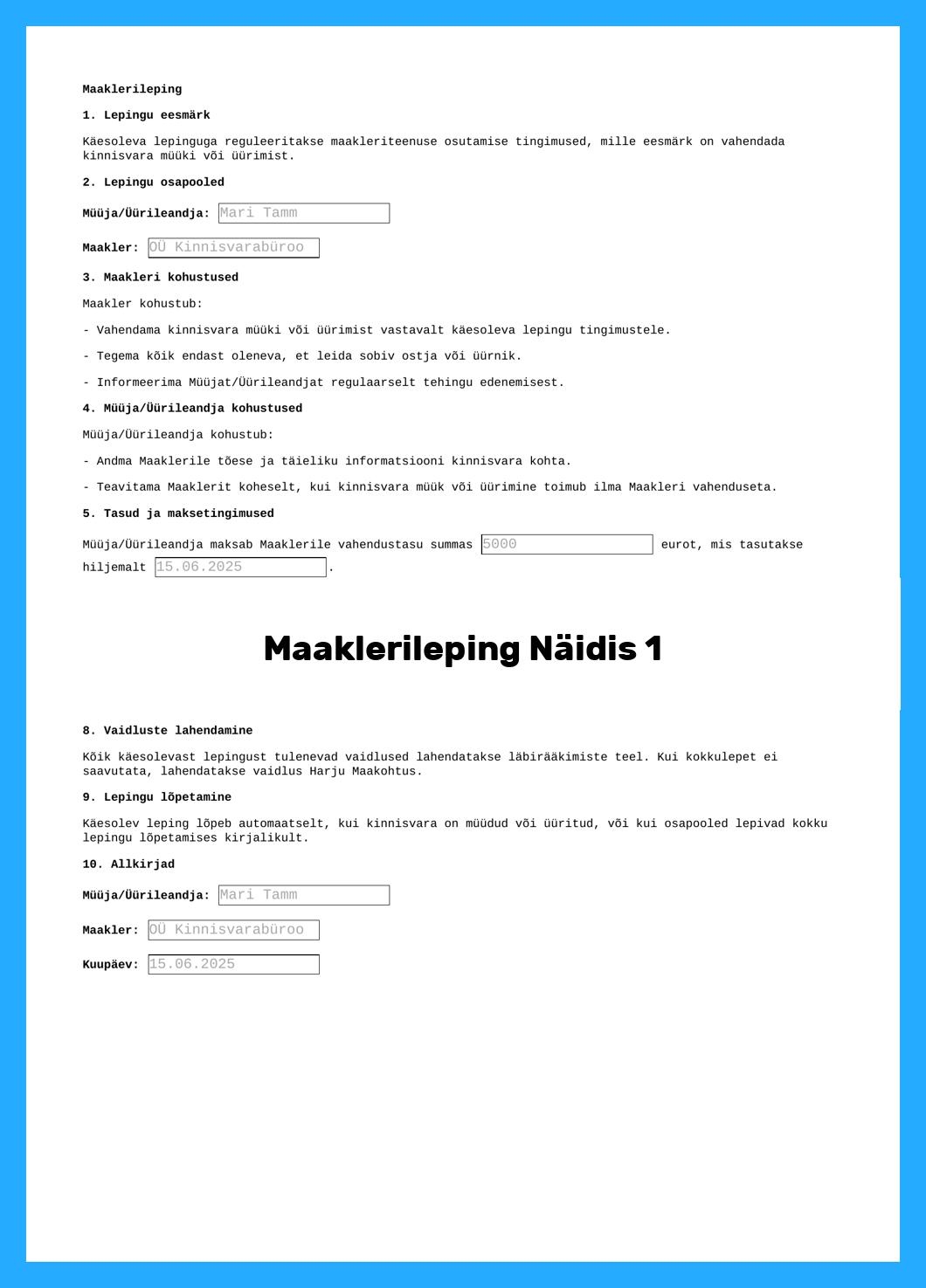Maaklerileping Näidis