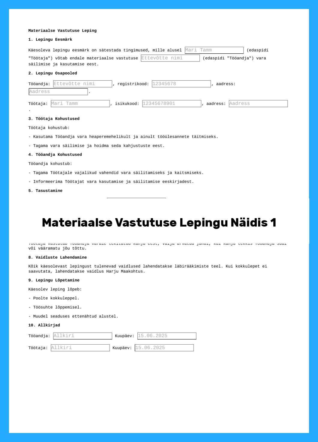 Materiaalse Vastutuse Lepingu Näidis
