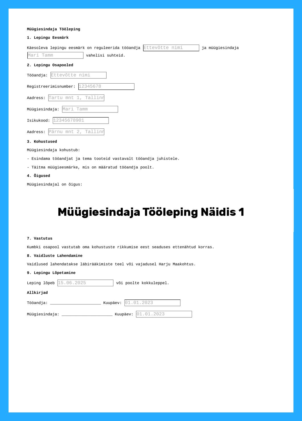 Müügiesindaja Tööleping Näidis