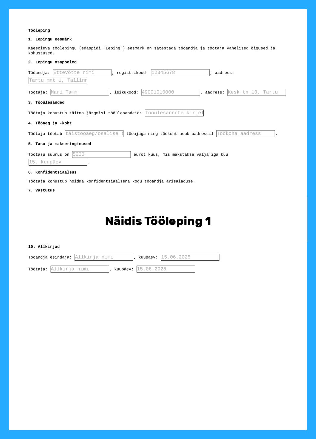 Näidis Tööleping
