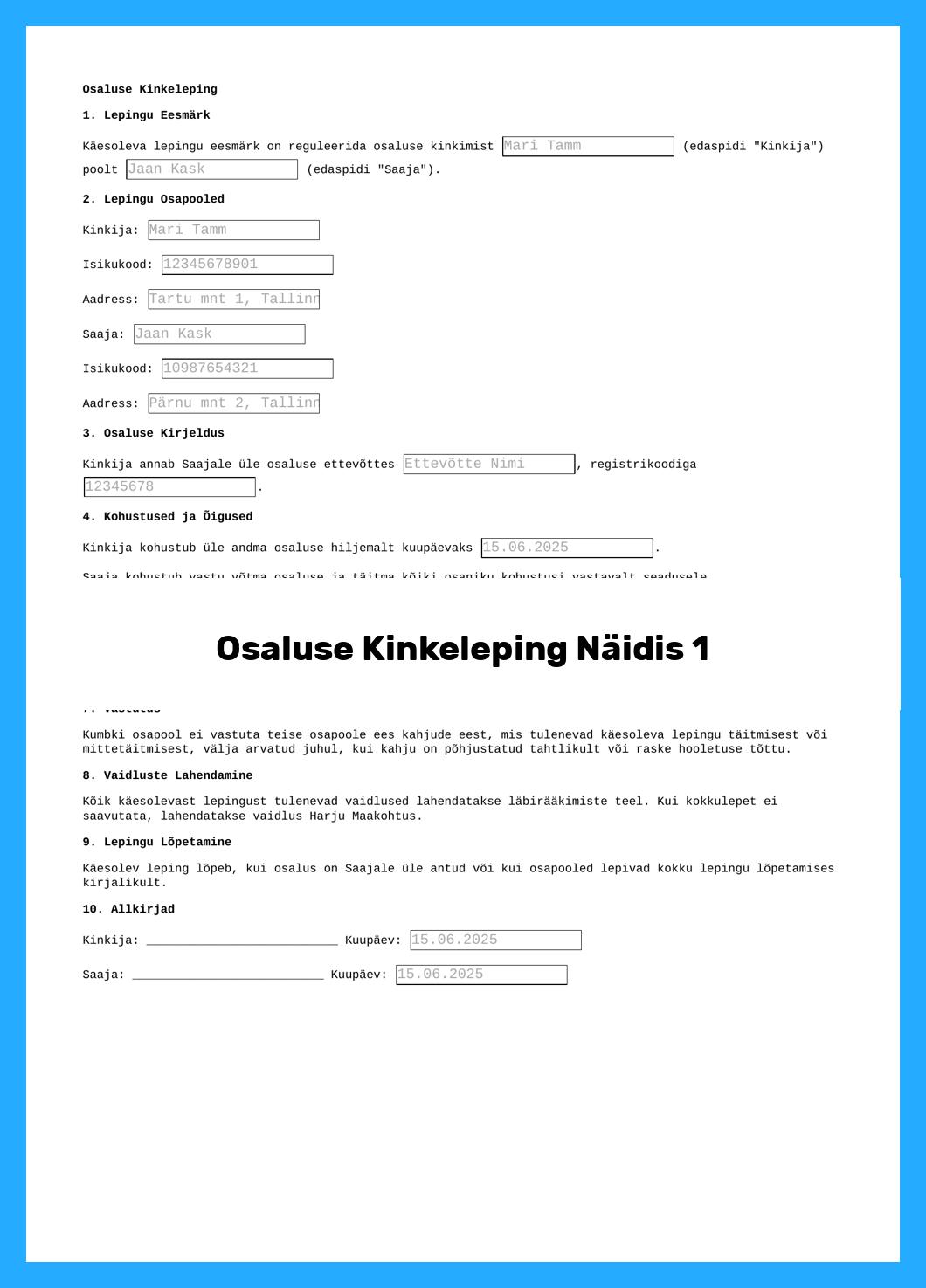 Osaluse Kinkeleping Näidis