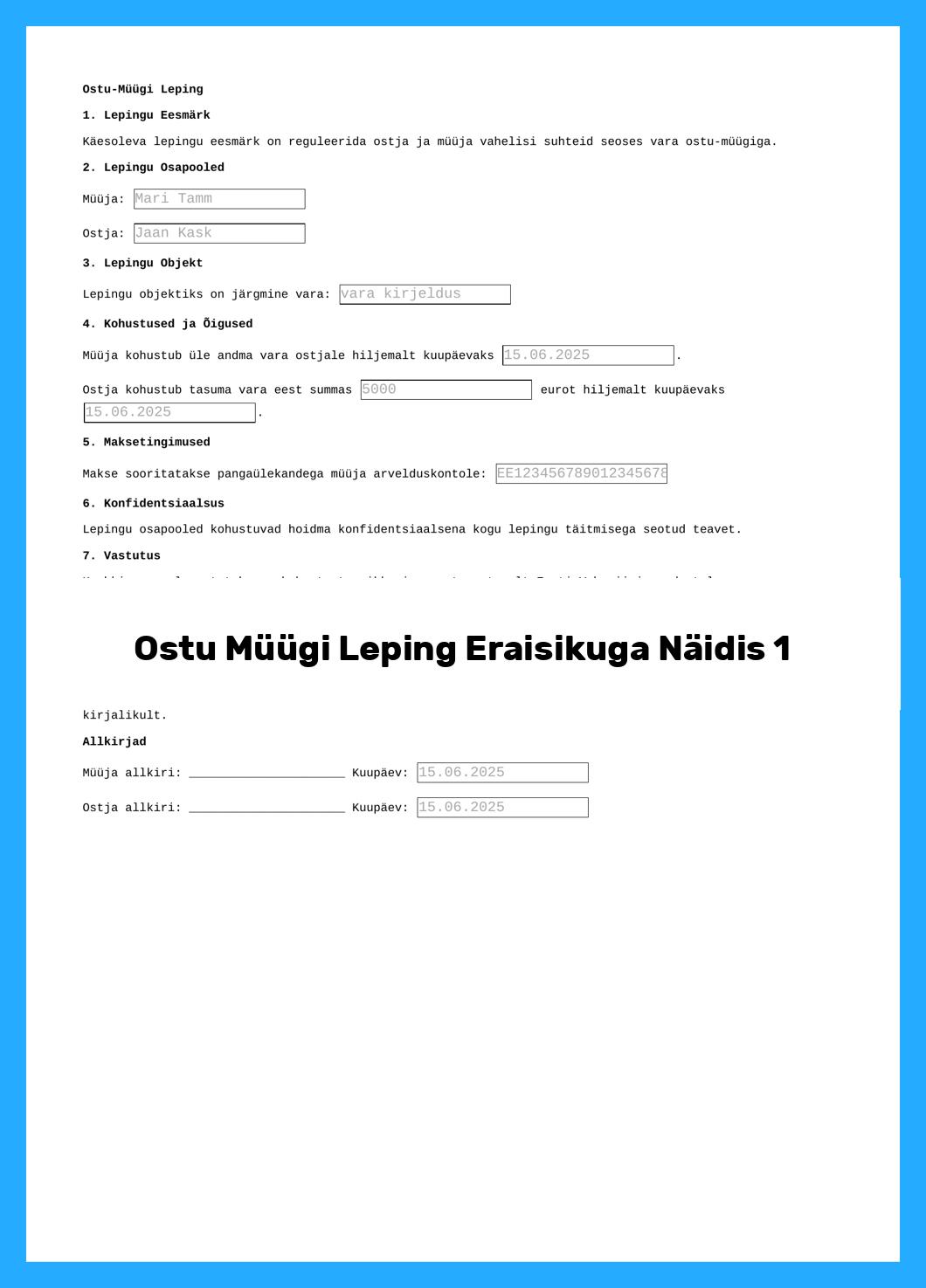 Ostu Müügi Leping Eraisikuga Näidis