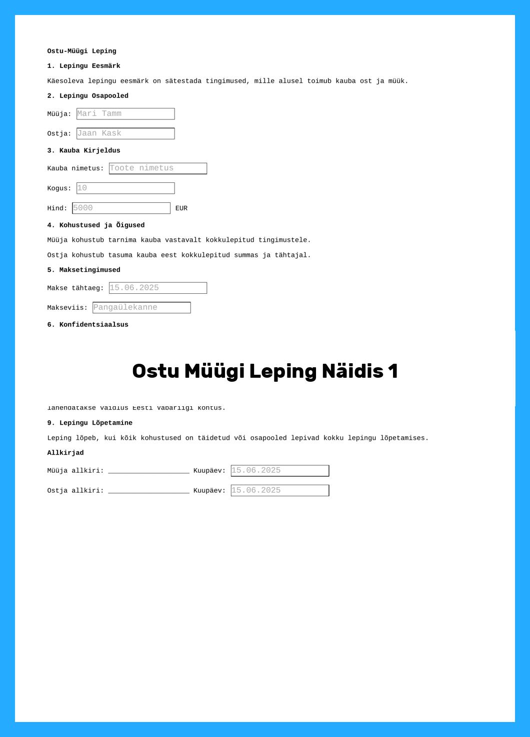Ostu Müügi Leping Näidis