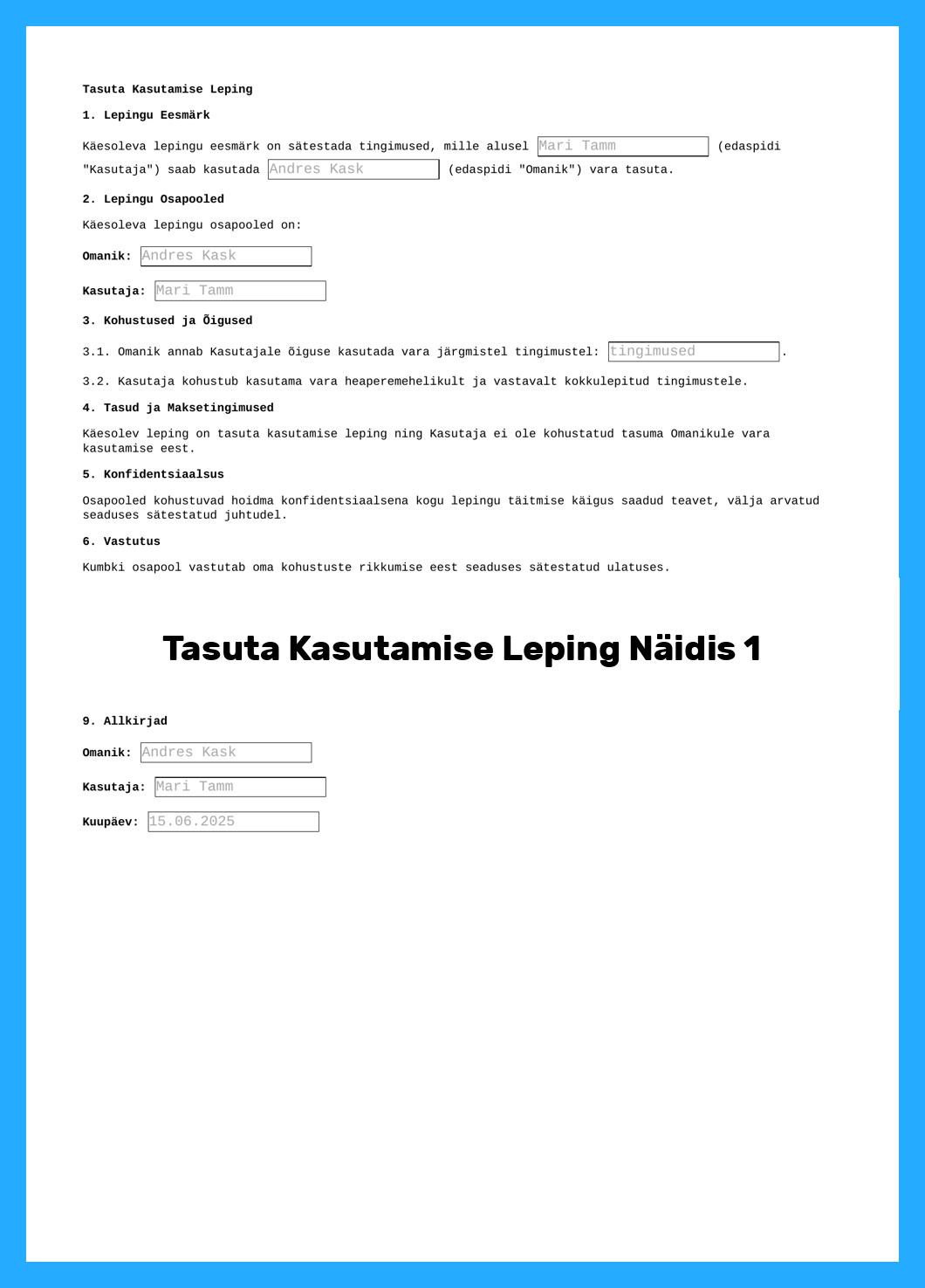 Tasuta Kasutamise Leping Näidis