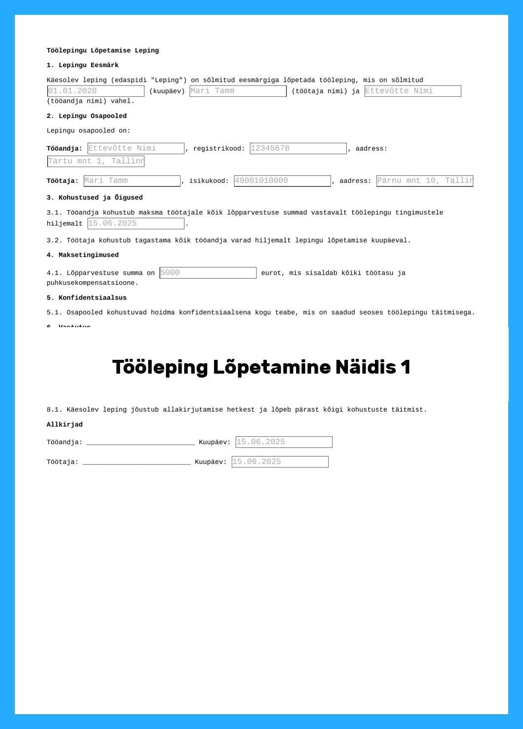 Tööleping Lõpetamine Näidis