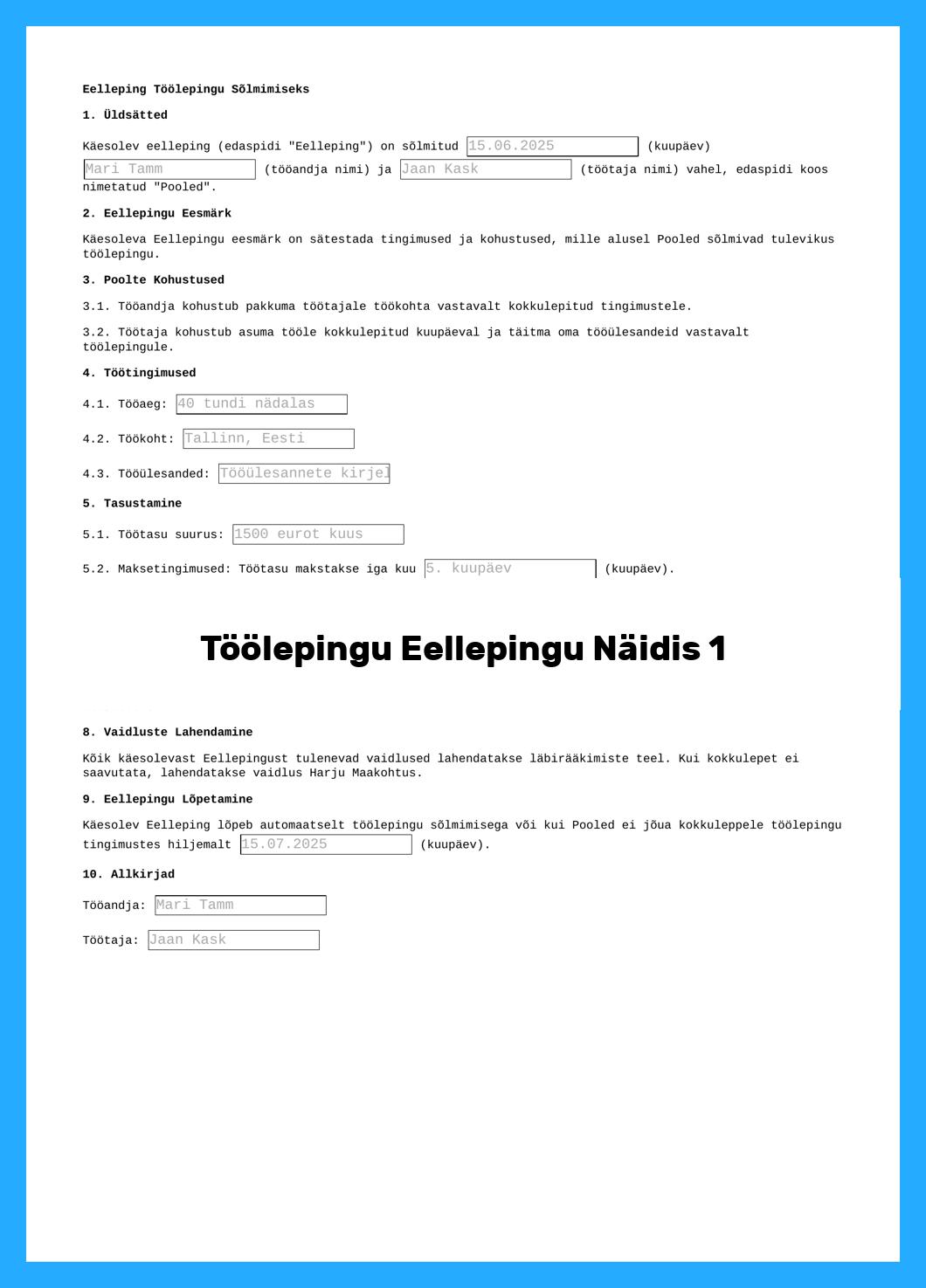 Töölepingu Eellepingu Näidis