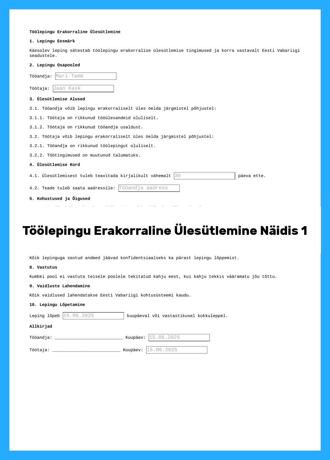 Töölepingu Erakorraline Ülesütlemine Näidis