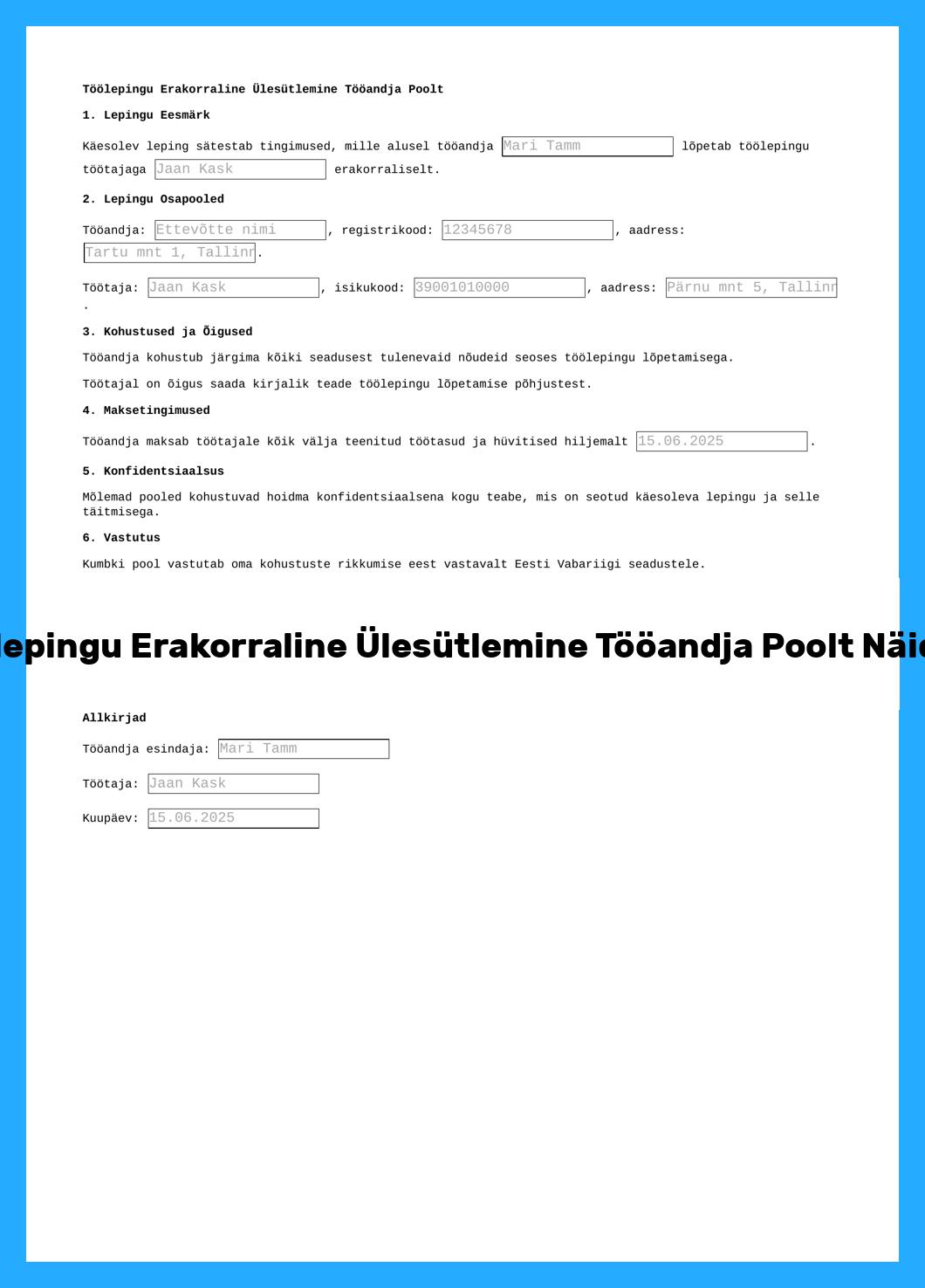 Töölepingu Erakorraline Ülesütlemine Tööandja Poolt Näidis