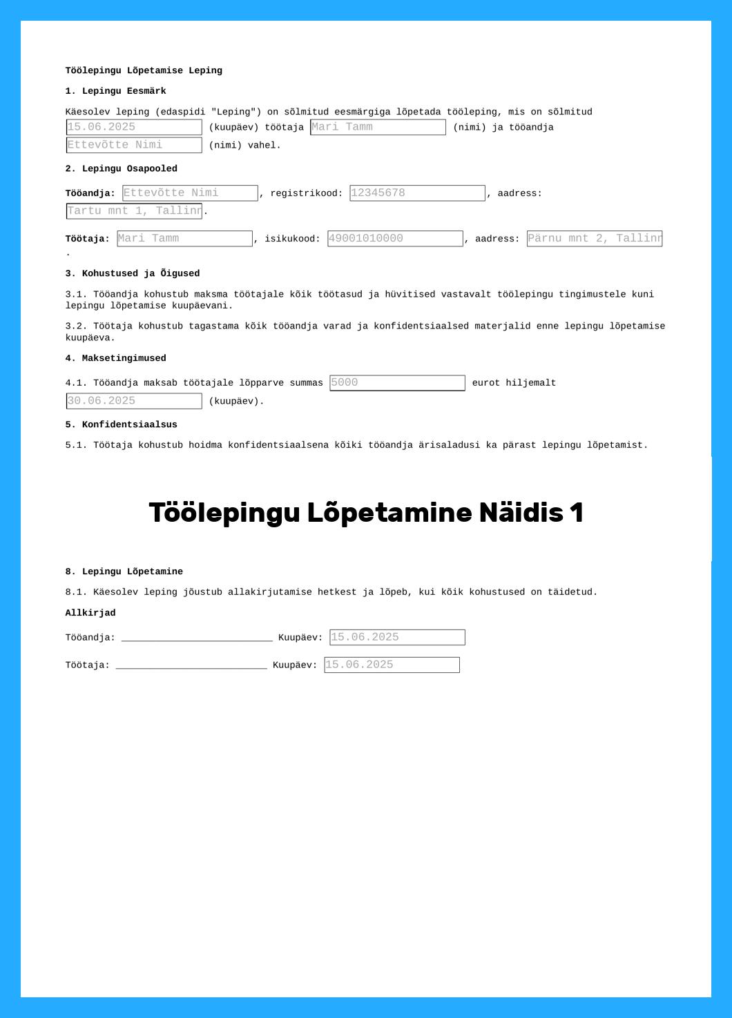 Töölepingu Lõpetamine Näidis