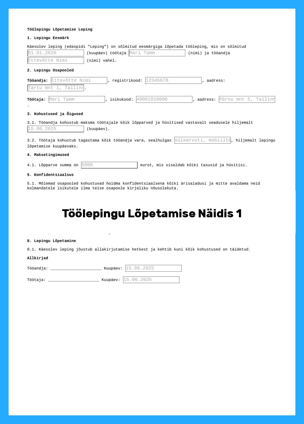 Töölepingu Lõpetamise Näidis