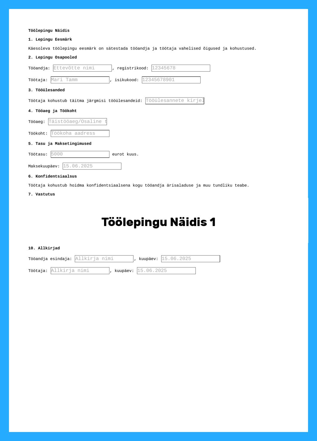 Töölepingu Näidis