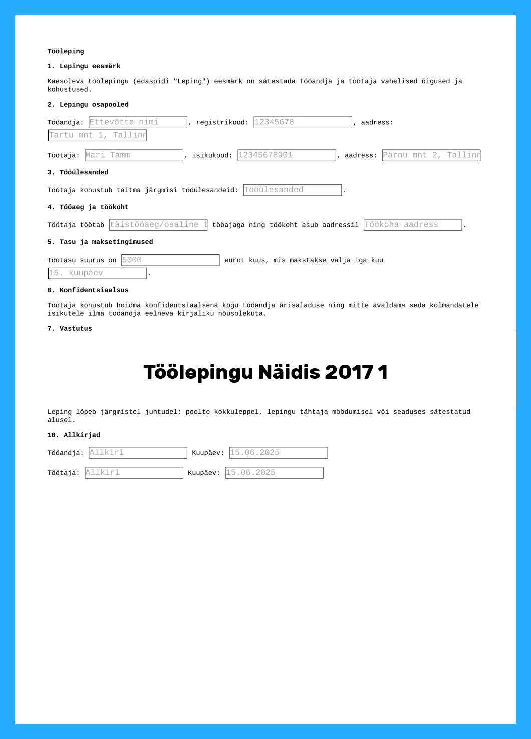 Töölepingu Näidis 2017