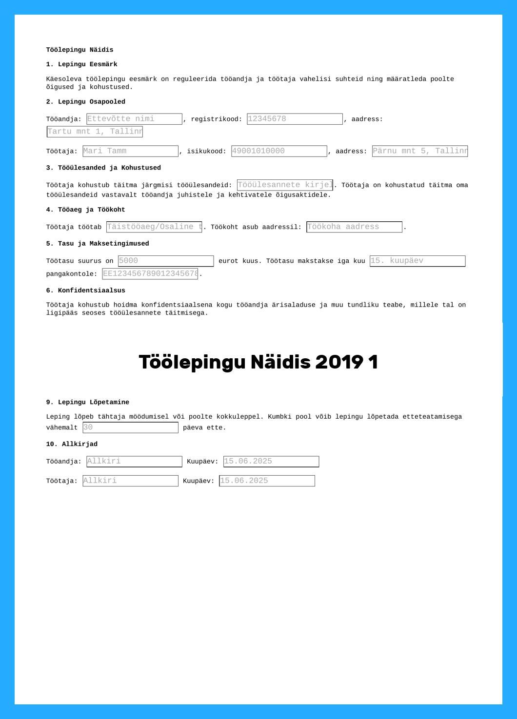 Töölepingu Näidis 2019