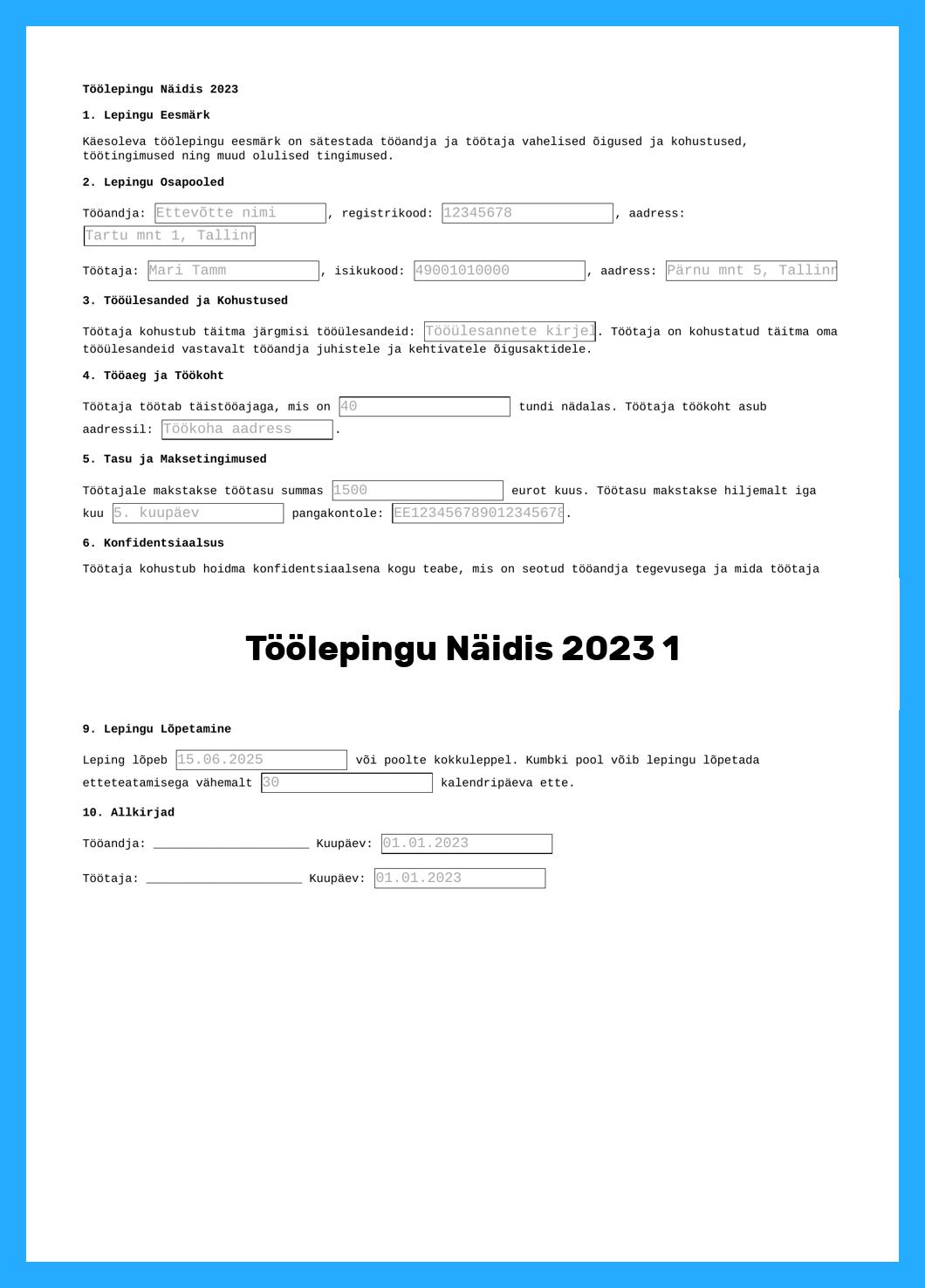 Töölepingu Näidis 2023